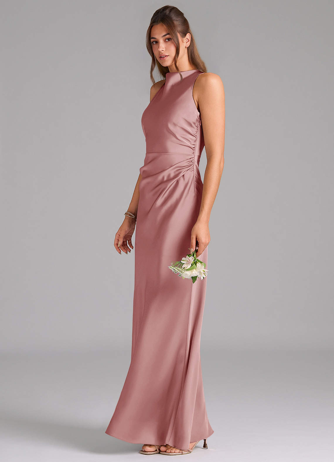 Azazie Evadne Bridesmaid Dresses Dusty Rose A-Line Pleated Stretch Satin Dress image1
