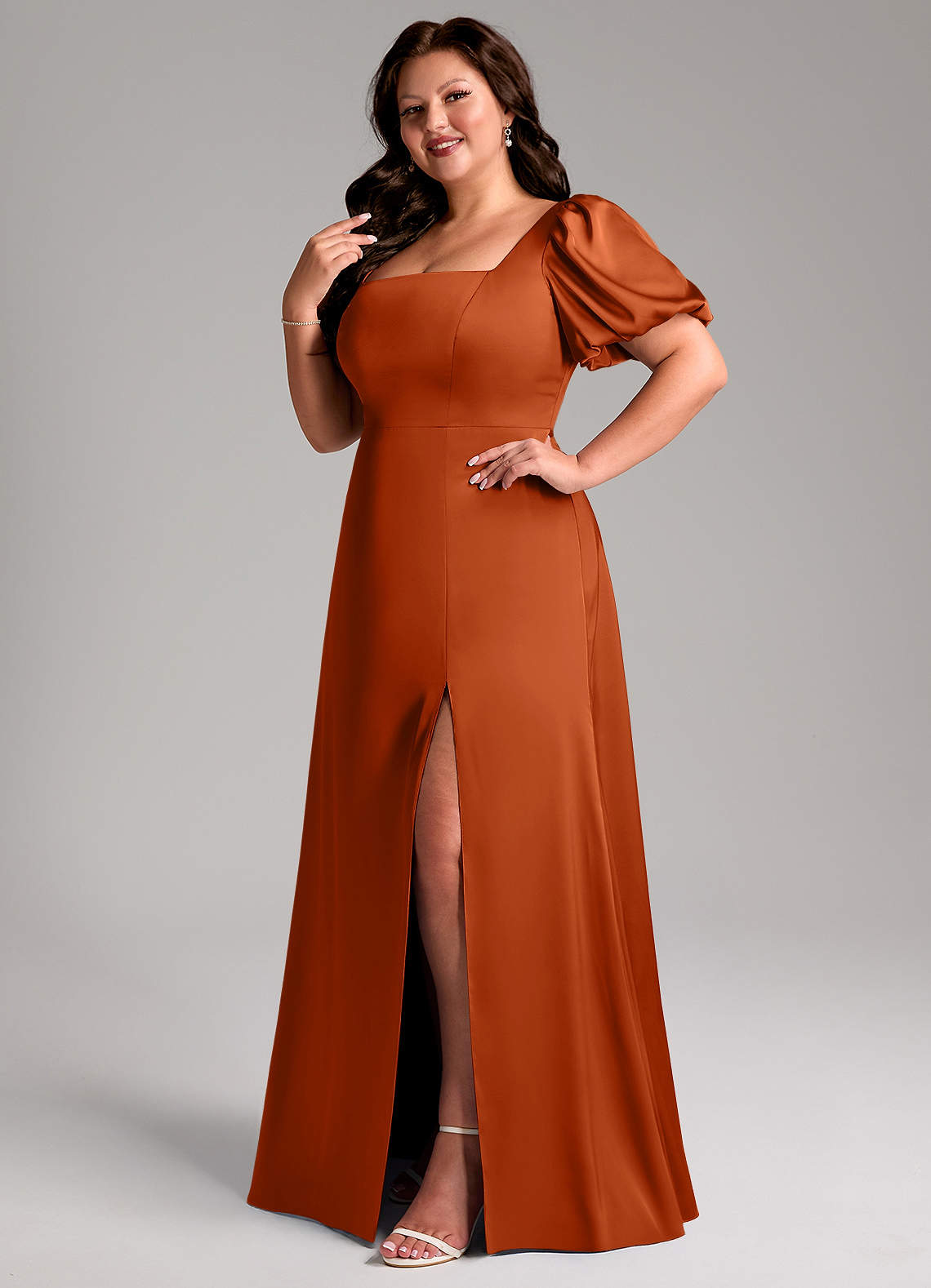 burnt orange dress plus size Aruba Frill Maxi in Orange, Size 20 The appliques add a touch of elegance Azazie Fyona Burnt Orange Stretch