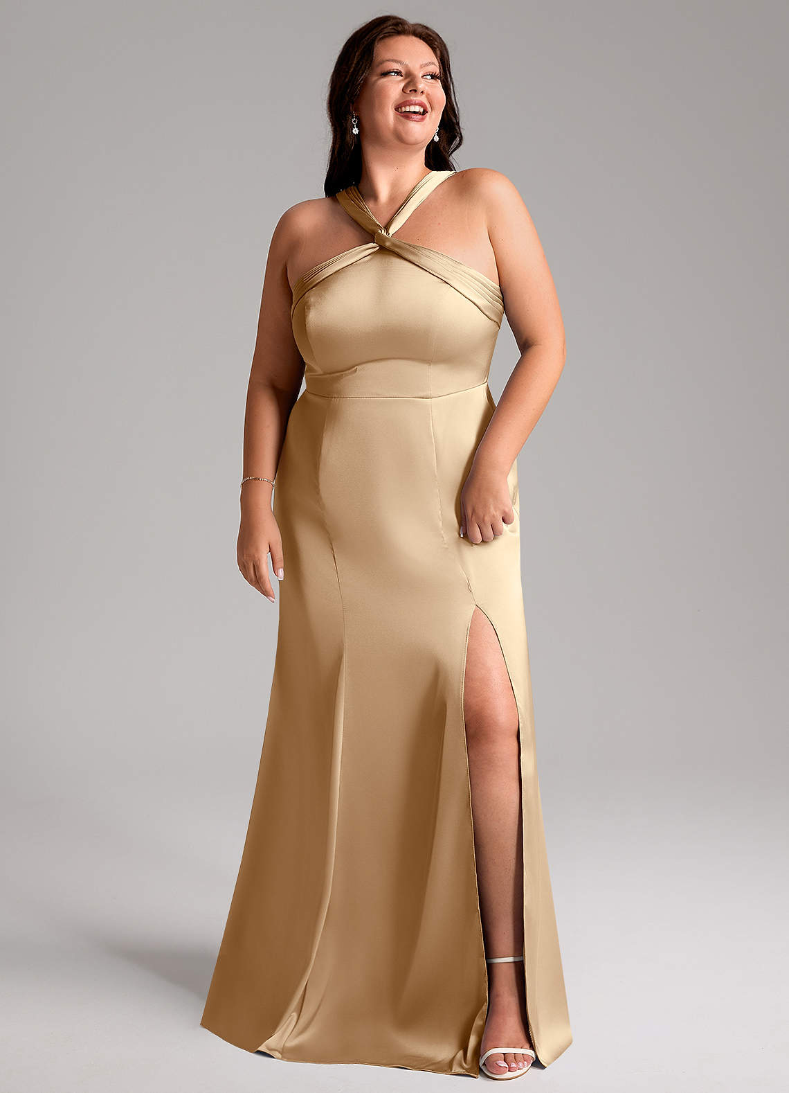 Azazie Rue Bridesmaid Dresses Champagne Mermaid Pleated Stretch Satin Dress image10