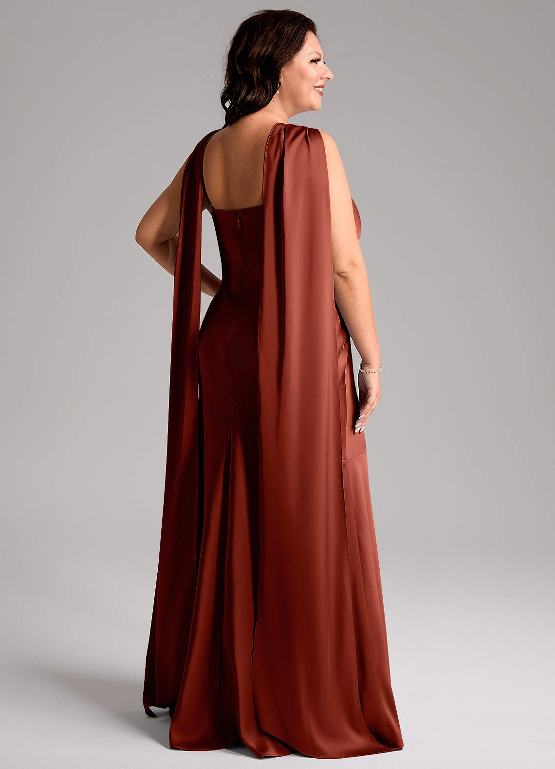 Azazie Kinsley Vestidos de madrinha de casamento Vestido Terracota de Cetim elástico de sereia com Fenda Lateral image7