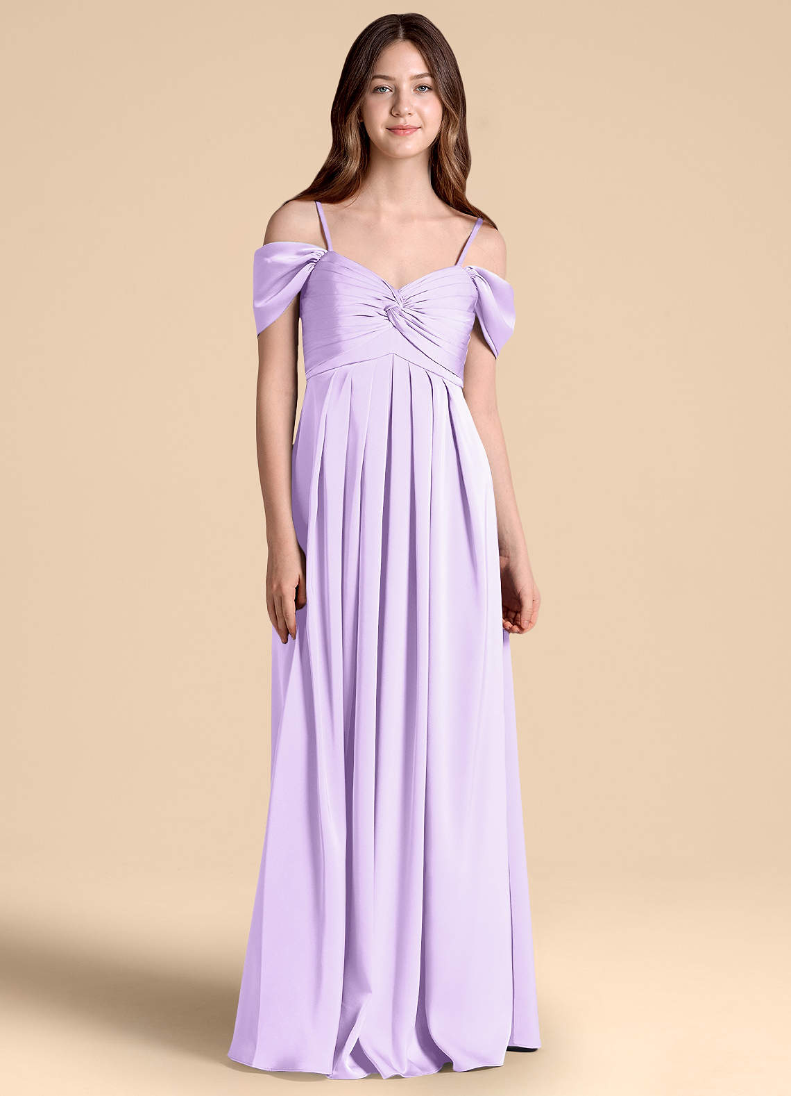 Azazie Kaitlynn Junior Lilac A-Line Off the Shoulder Stretch Satin Dress image1