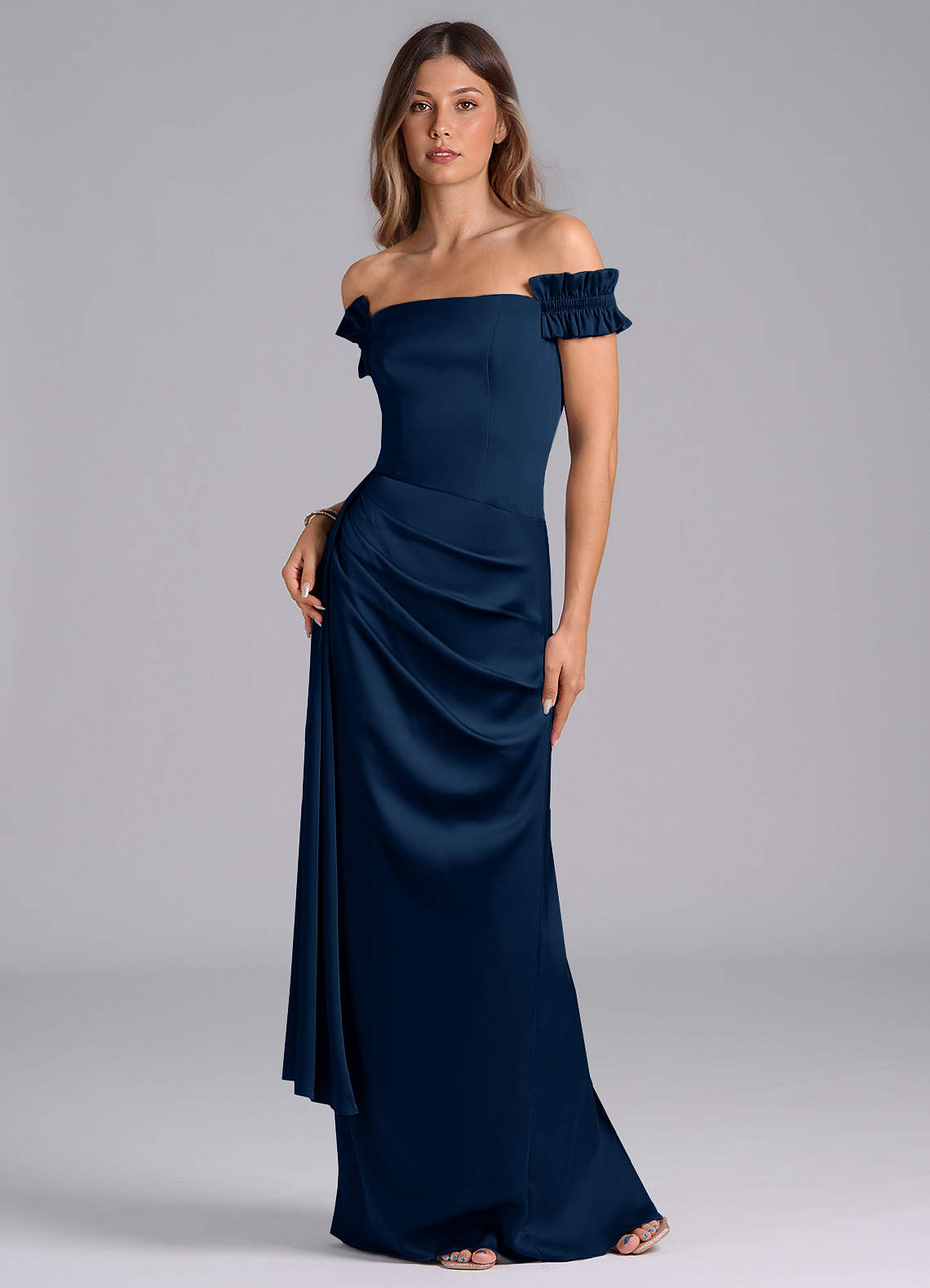 Azazie Kalysia Bridesmaid Dresses Dark Navy Mermaid Off the Shoulder Stretch Satin Convertible Dress image1