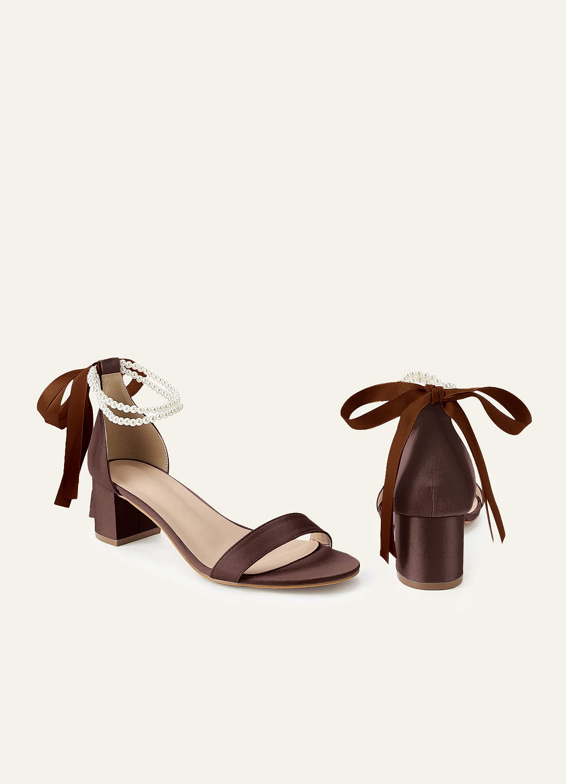 front Matching Color Matte Satin Pearl and Bow Open Toe Chunky Heel Sandals