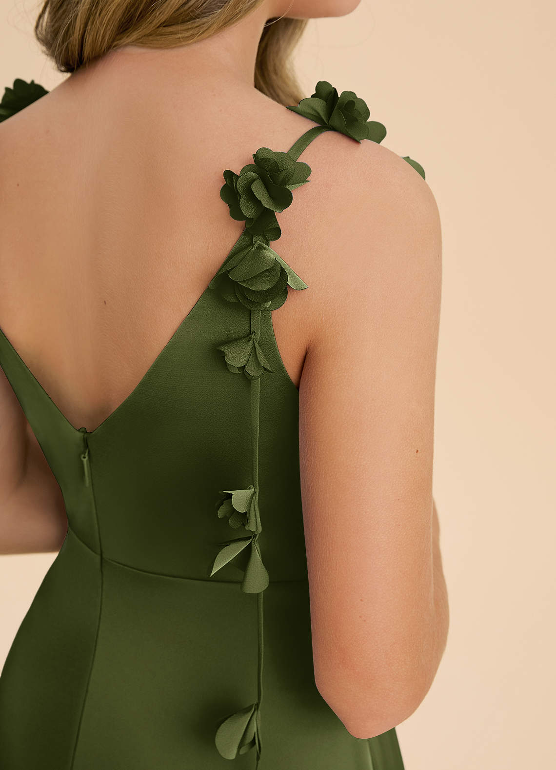 Azazie Gumdrop Junior Olive Empire Pleated Stretch Satin Dress image5