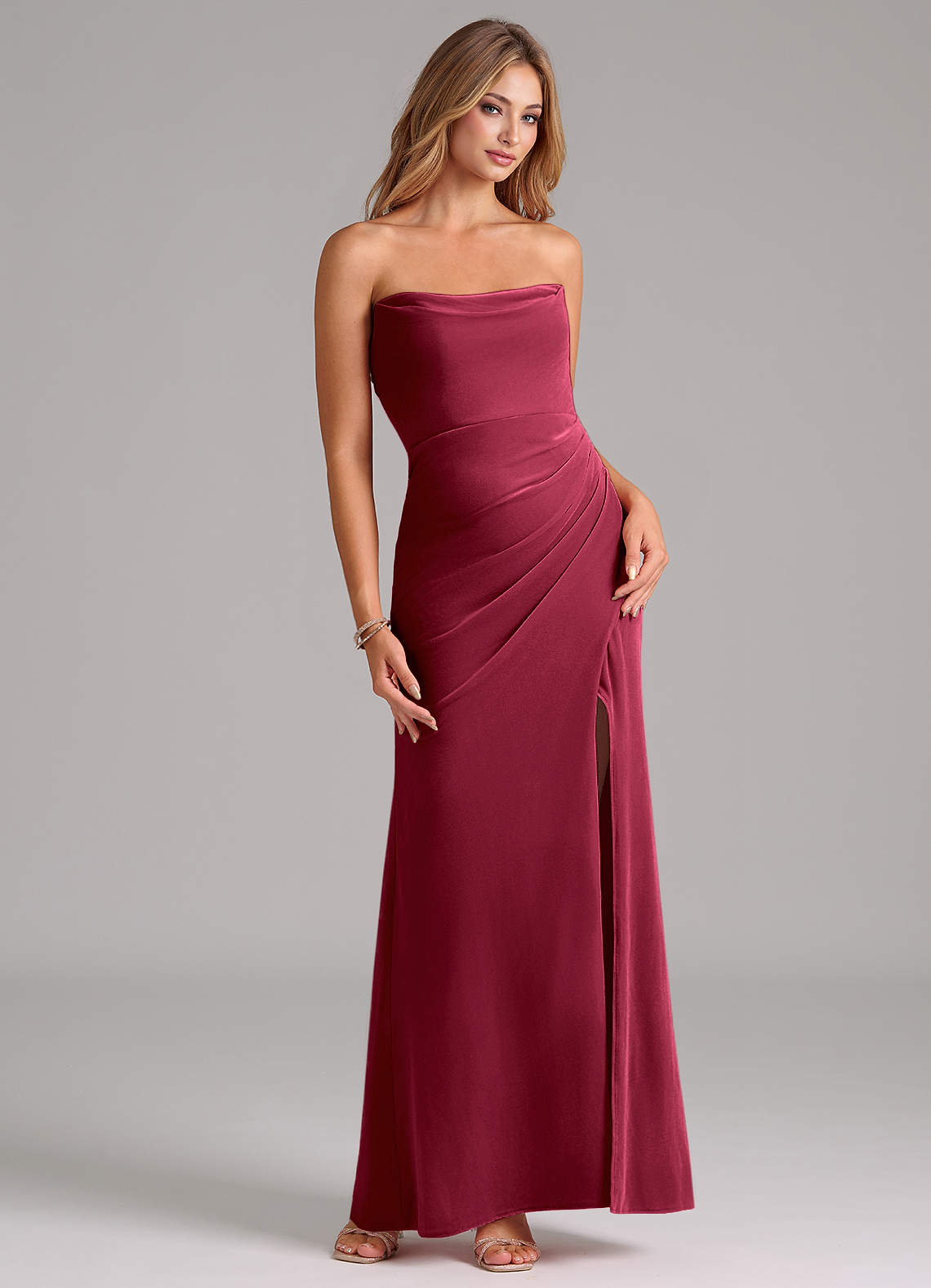 Azazie Leonis Bridesmaid Dresses Burgundy Mermaid Strapless Velvet Dress image1