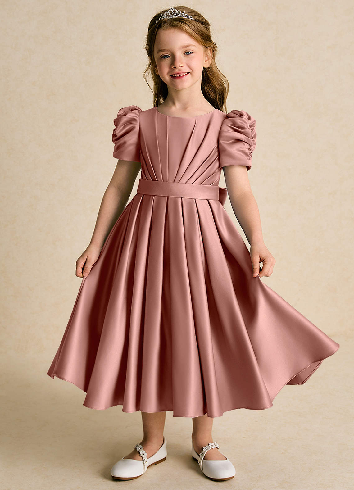 Azazie Miriam Flower Girl Dresses Cedar Rose Ball-Gown Pleated Matte Satin Dress image1