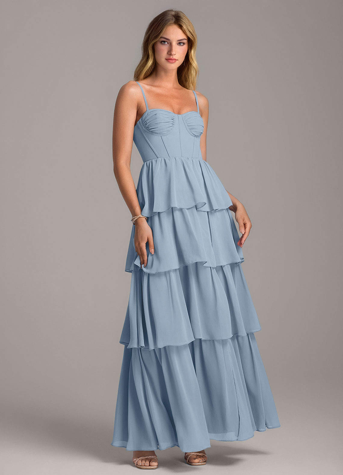 Azazie Alanna Essayer des robes à la maison Robe Trapèze en Mousseline de soie Encolure en Forme de Cœur Bleu Poussiéreux image1