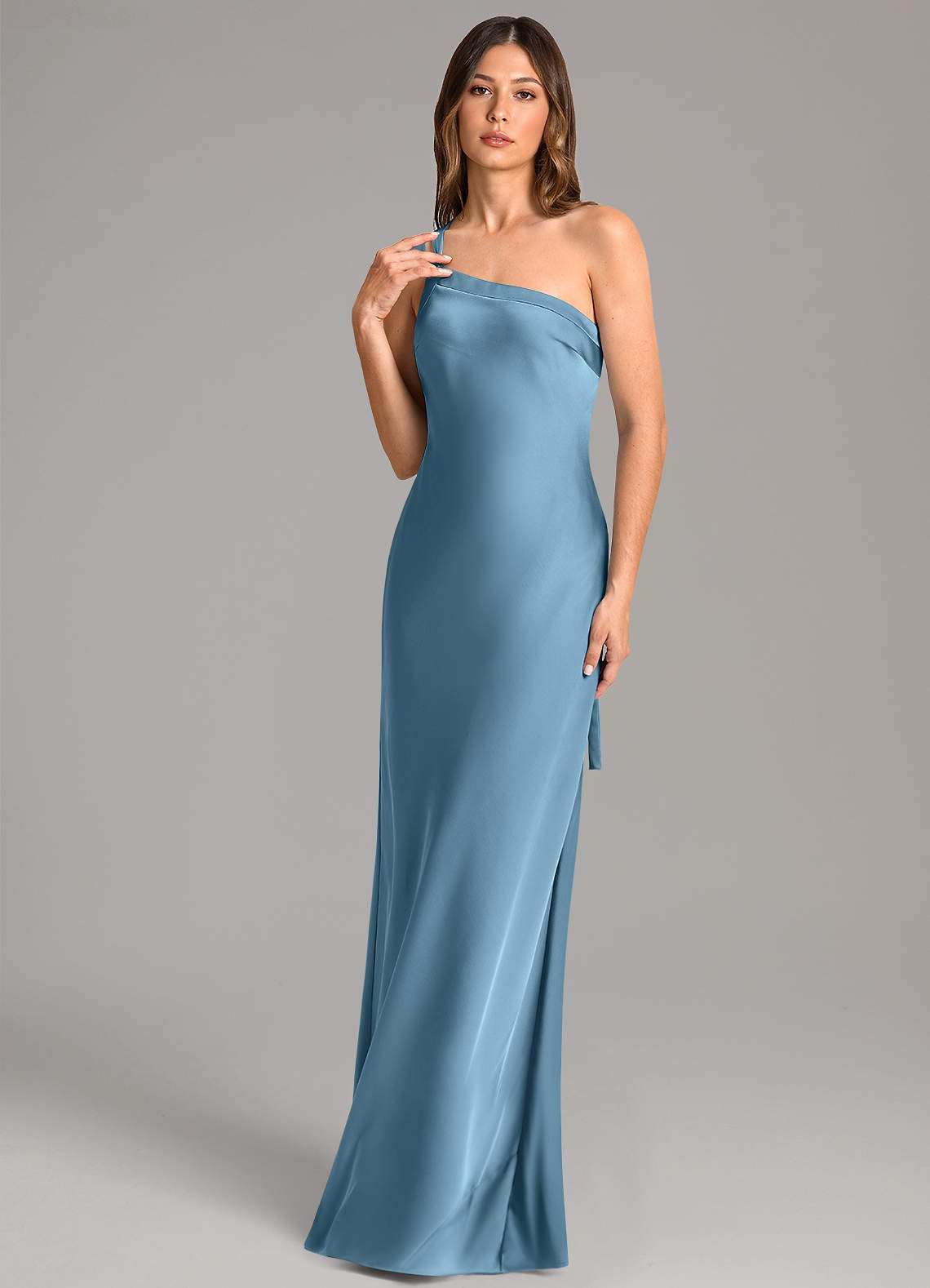 Azazie Monroe Vestidos de damas de honor Vestido de Azul Acero de Satén Elástico de Corte Sirena con Hombro unilateral image1