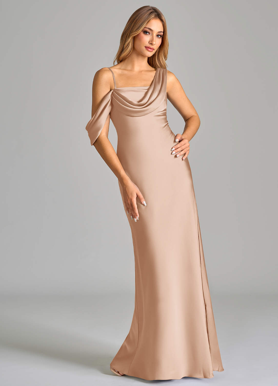 Azazie Celina Bridesmaid Dresses English Rose Sheath Off the Shoulder Stretch Satin Dress image1