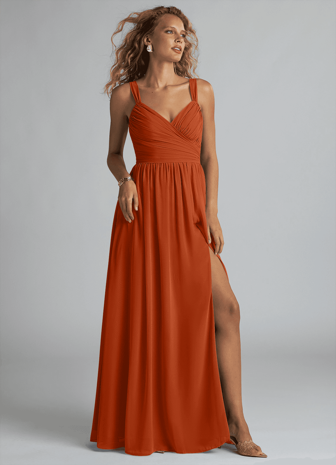 Azazie Aziza Bridesmaid Dresses Burnt Orange A-Line V-Neck Pleated Chiffon Dress image1