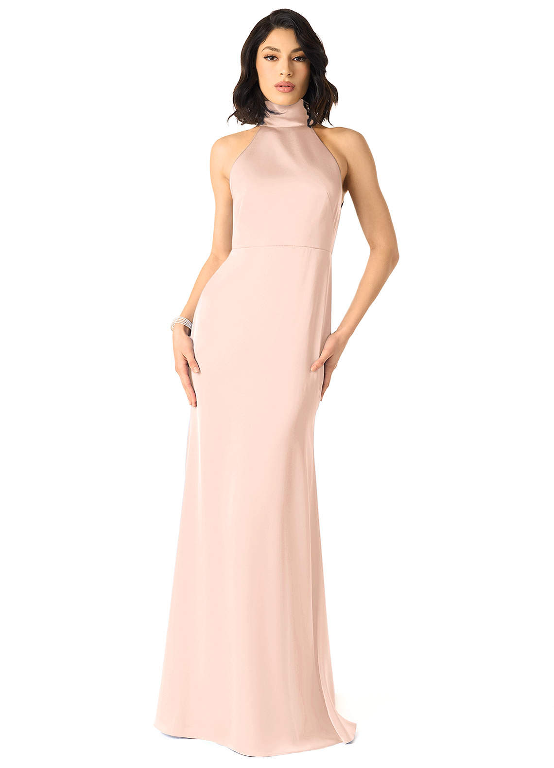 Azazie x Delaney Bridesmaid Dresses Blushing Pink Sheath High Neck Stretch Satin Dress image1