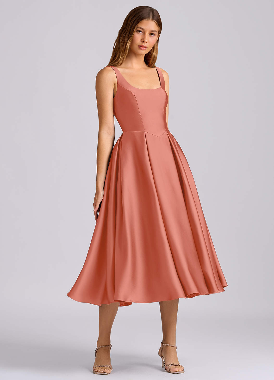 Azazie Amalie Salmon Pink Stretch Satin Bridesmaid Dresses