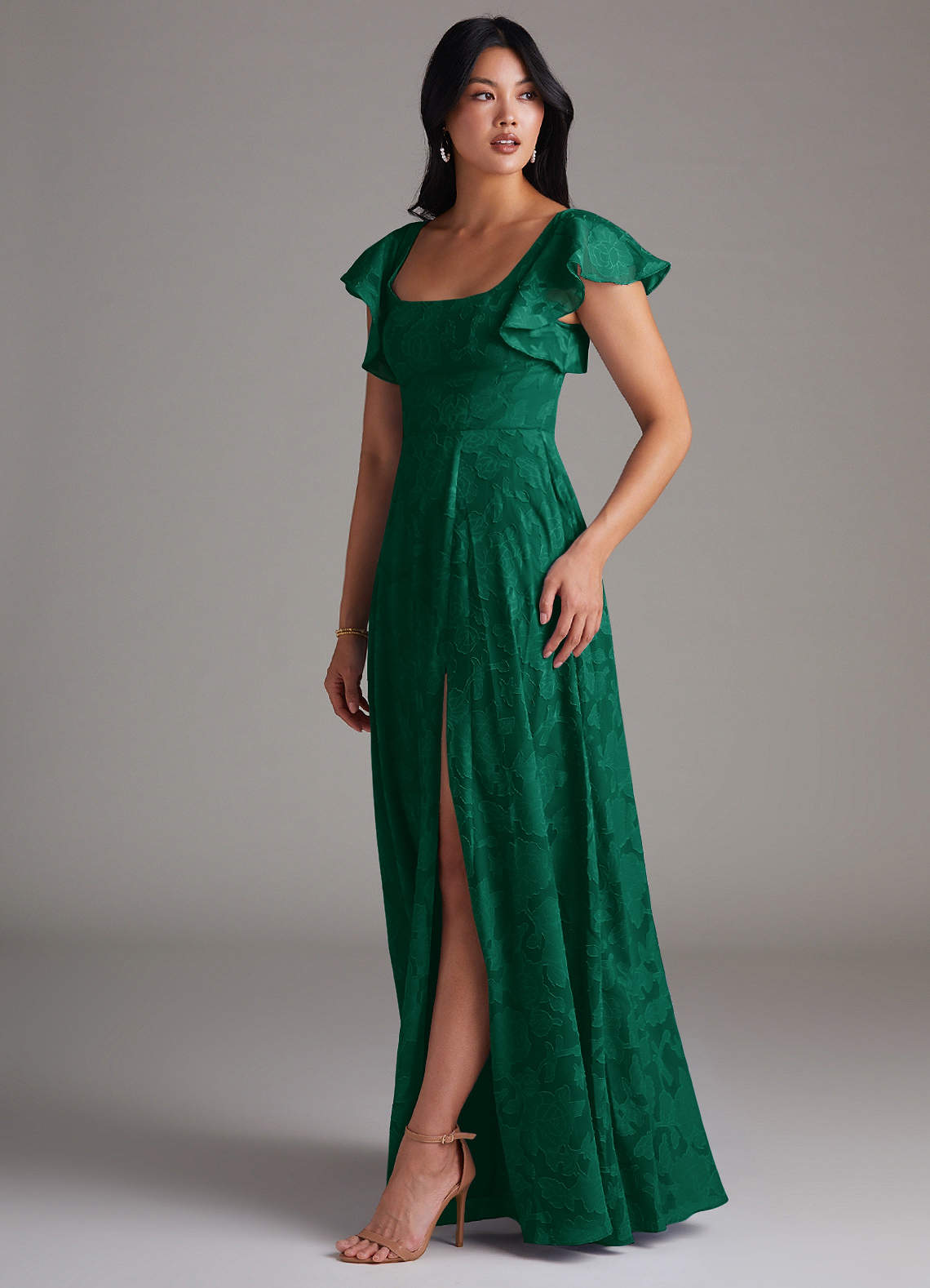 Azazie Bondi Bridesmaid Dresses Emerald A-Line Side Slit Floral Burnout Dress image1