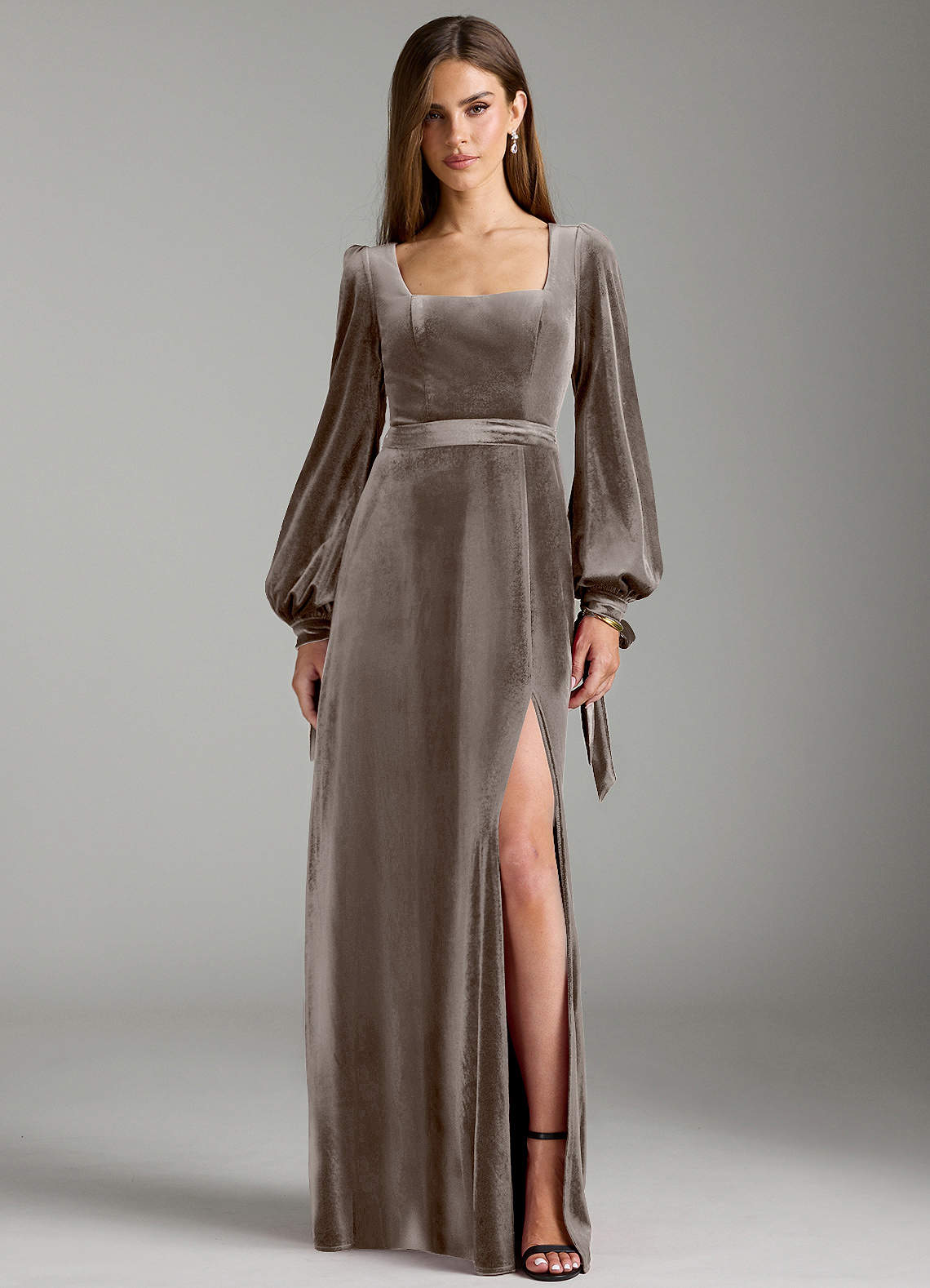Azazie Leonia Bridesmaid Dresses Silver Taupe A-Line Long Sleeve Velvet Dress image1