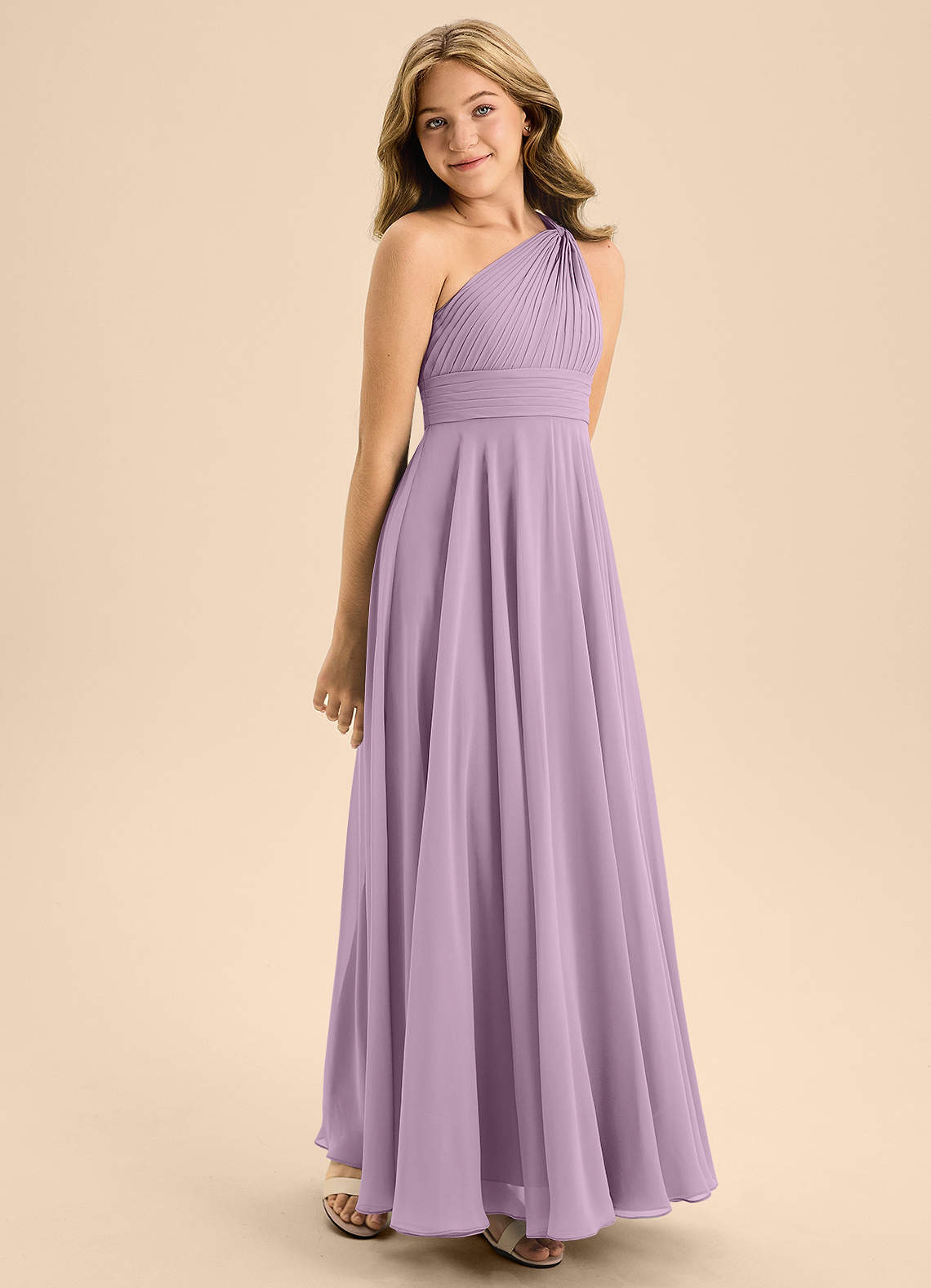 Azazie Charlize Junior Vestido Glicínia de Chiffon de Linha A com Plissado image4