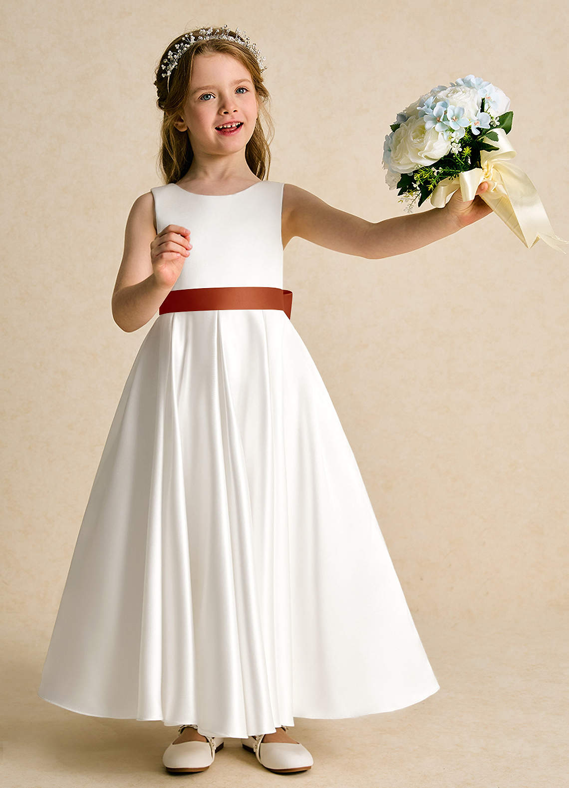 Azazie Cherry Flower Girl Dresses Ivory Paprika Ball-Gown Pleated Matte Satin Dress image1