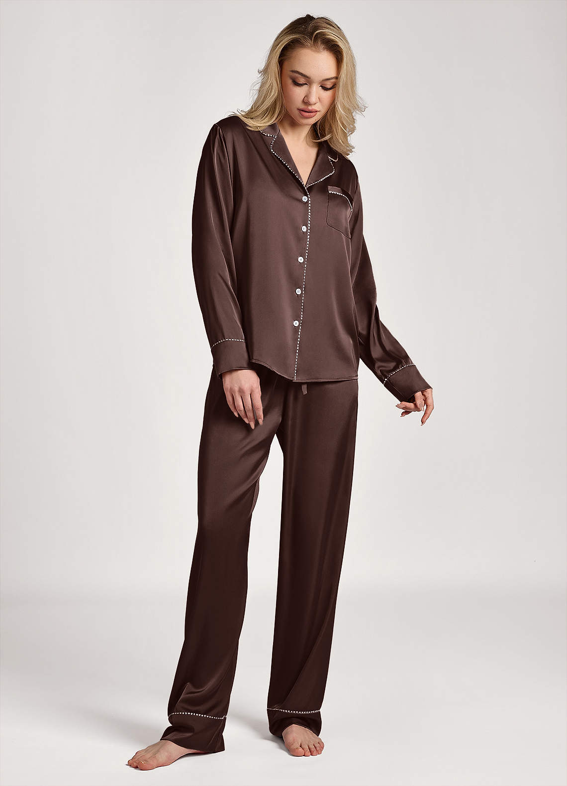 front Conjunto de pijama de manga comprida com acabamento em cetim lurex