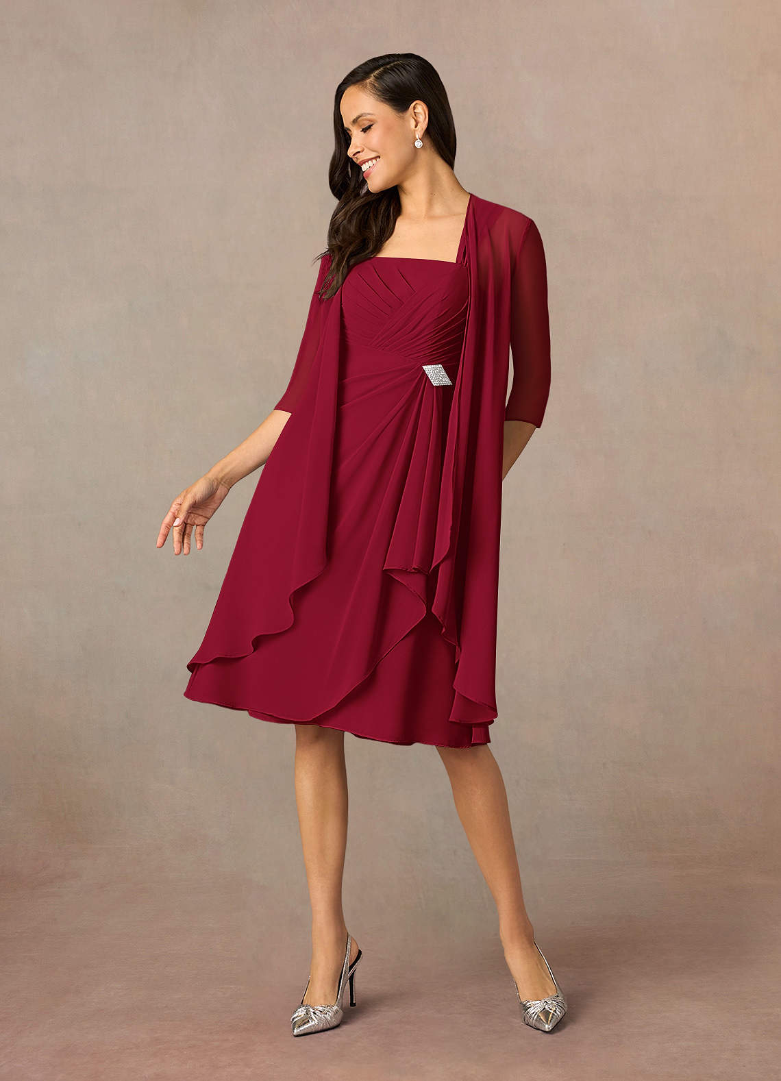 Azazie Olivia Mother of the Bride Dresses Burgundy A-Line Square Neckline Pleated Chiffon Dress image1
