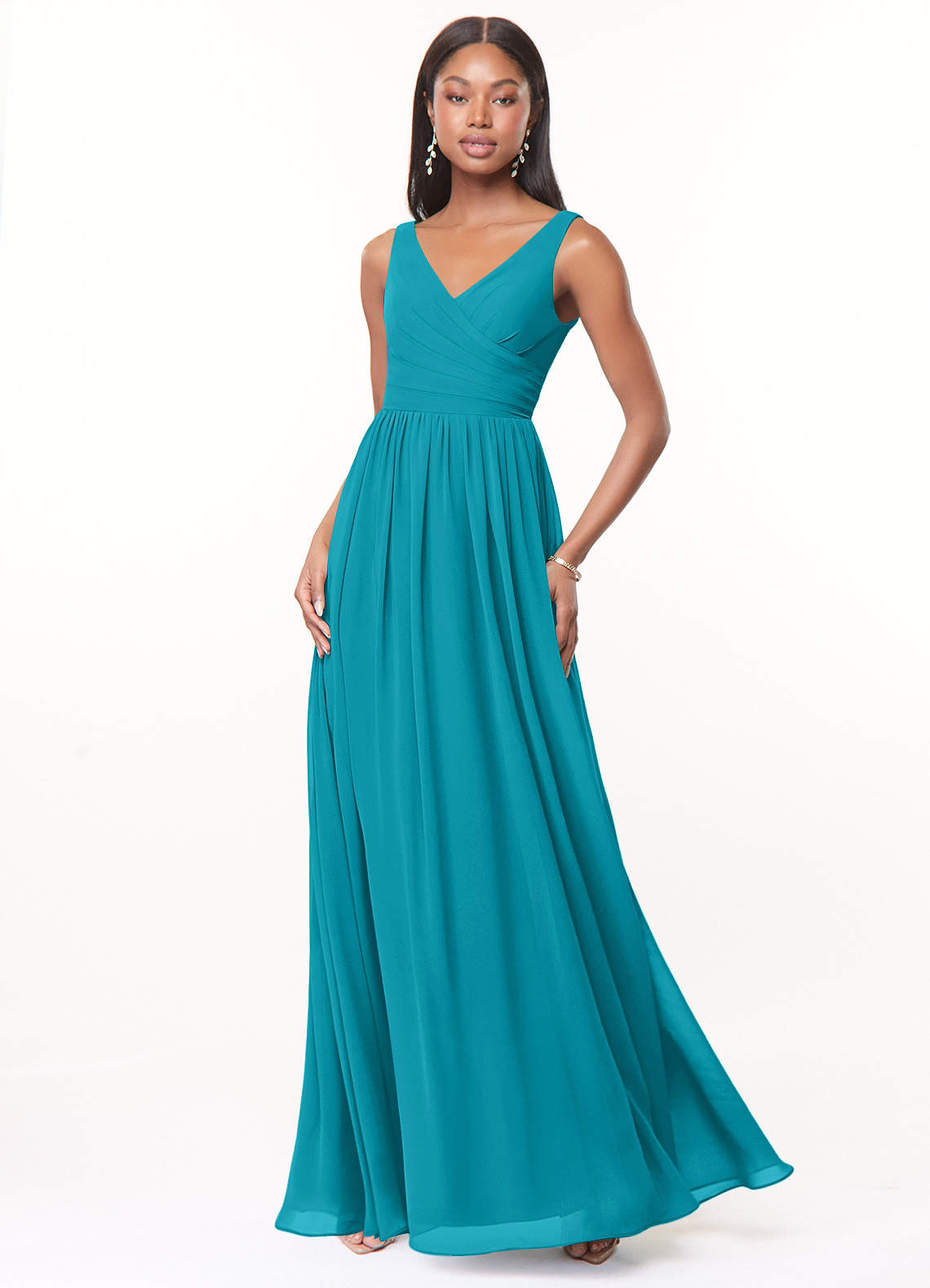 Azazie Keyla Bridesmaid Dresses Jade A-Line V-Neck Pleated Chiffon Dress image1