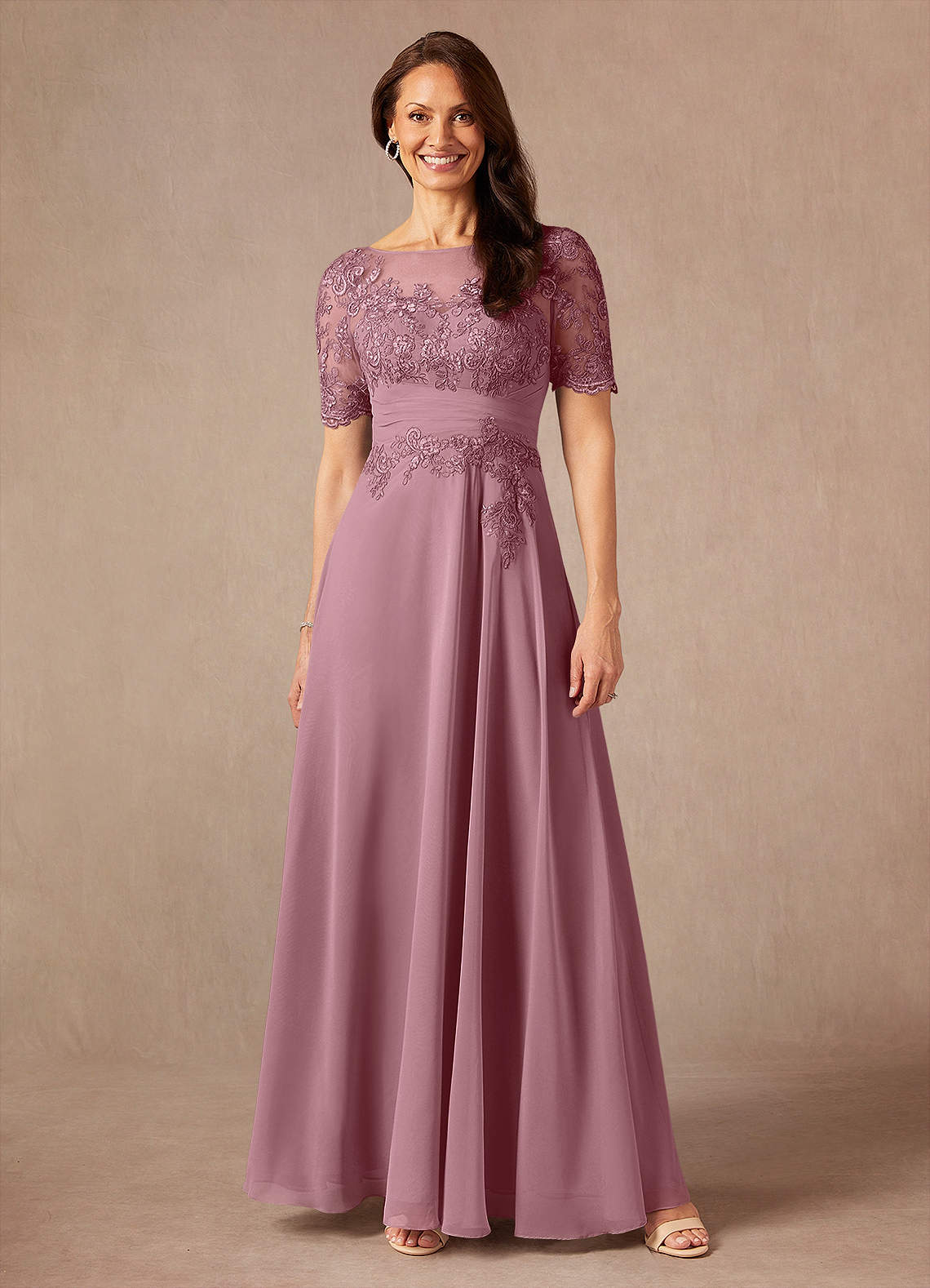 Azazie Raissa Mother of the Bride Dresses Vintage Mauve A-Line Lace Chiffon Dress image1