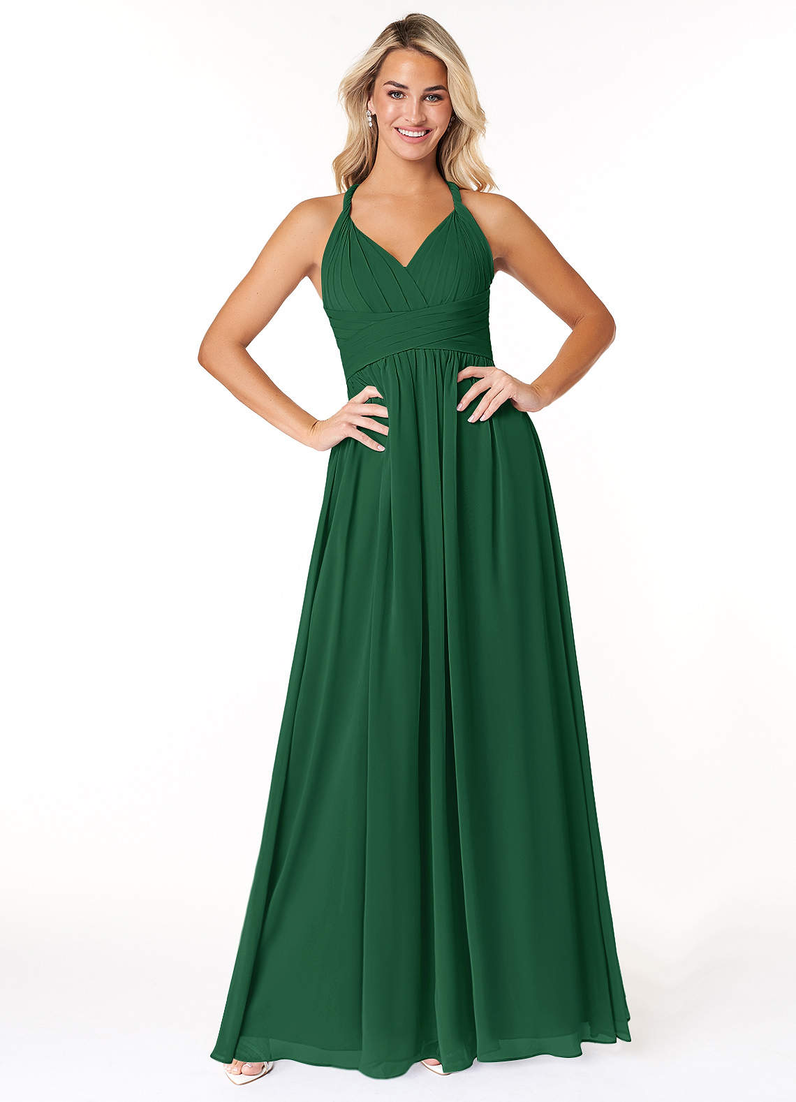 Azazie Ashia Robes de demoiselle d'honneur Robe Trapèze en Mousseline de soie Plissée Vert Foncé image1