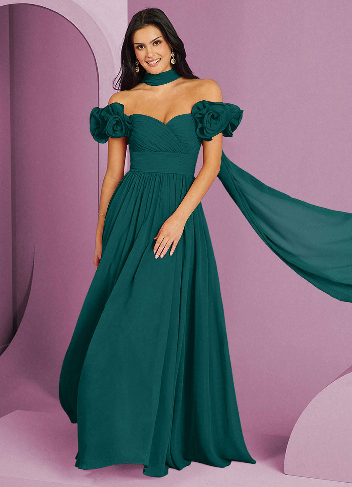 Barbie ♥ Azazie 신부 들러리 드레스 오프숄더 러플 로제트 A라인 드레스 image1