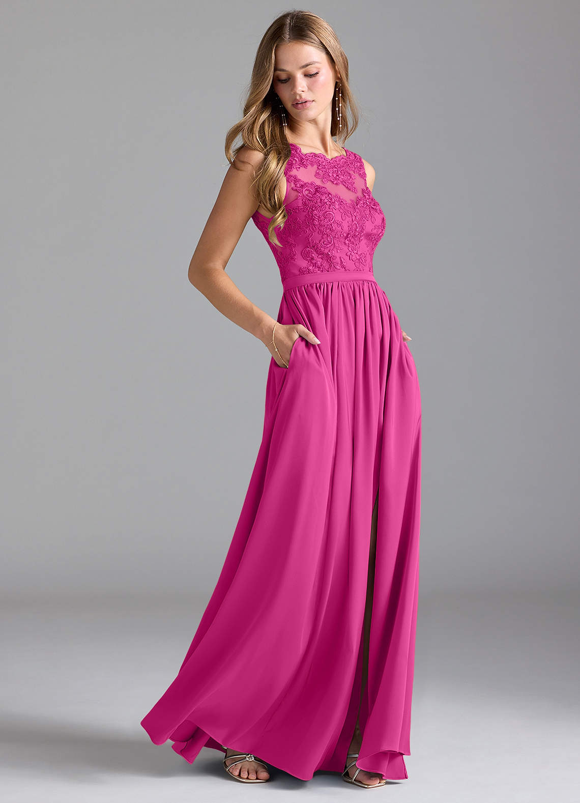 Azazie Elly Bridesmaid Dresses Fuchsia A-Line Lace Stretch Satin Dress image1