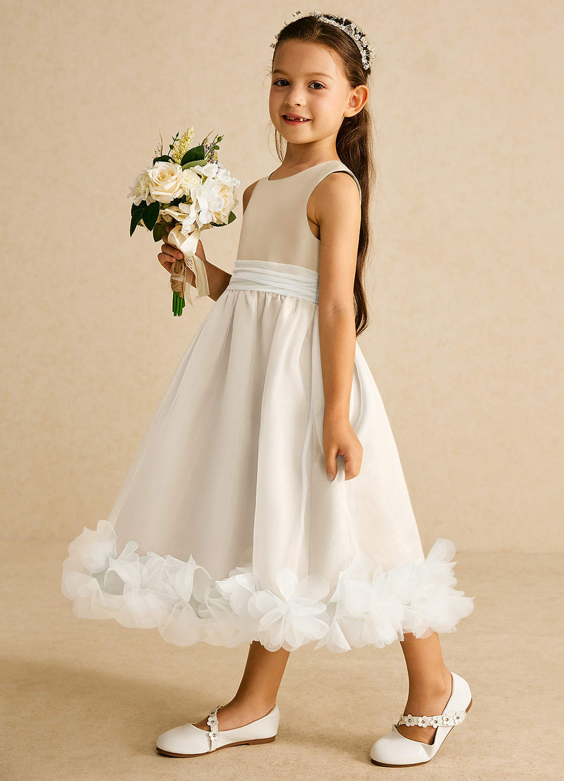 Azazie Stardust Flower Girl Dresses Champagne A-Line Sleeveless Organza Dress image2