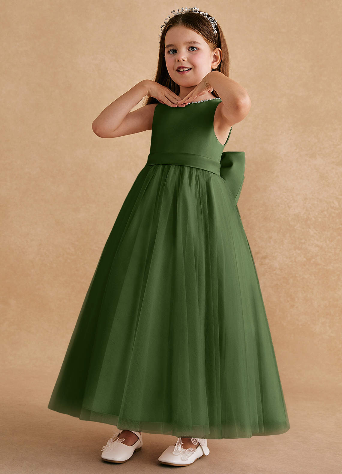 Azazie Cookie Flower Girl Dresses Olive A-Line Bow Tulle Dress image3