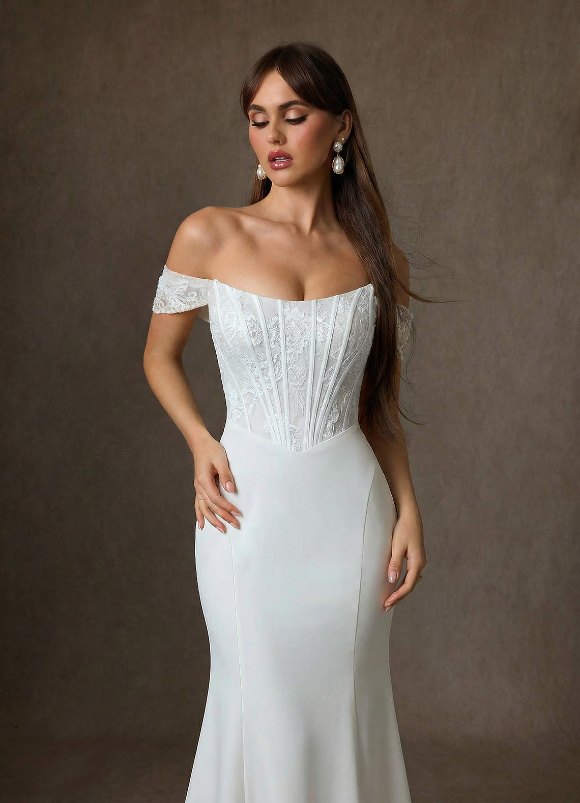 Azazie Yamelle Wedding Dresses Diamond White Mermaid Off the Shoulder Satin Dress image3