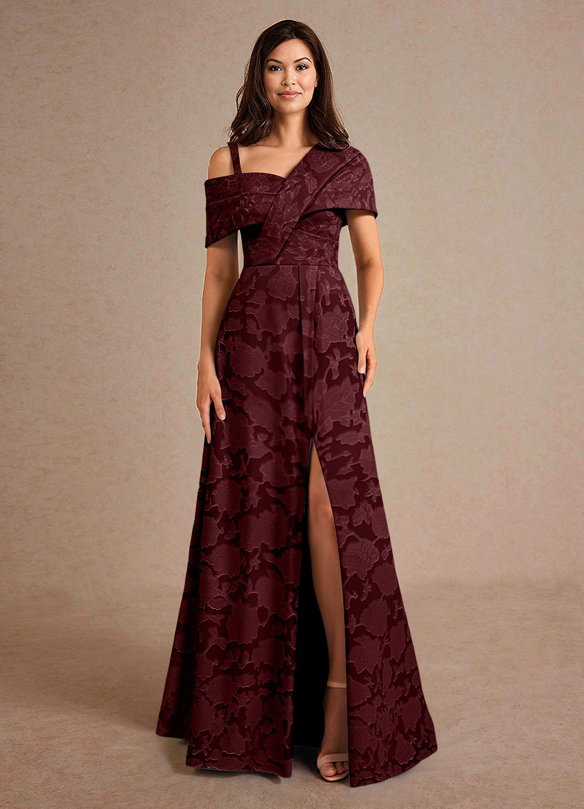 Azazie Milton vestidos de madre de la novia Vestido de Cabernet de Devorado Floral de Corte En A con Plisado image5