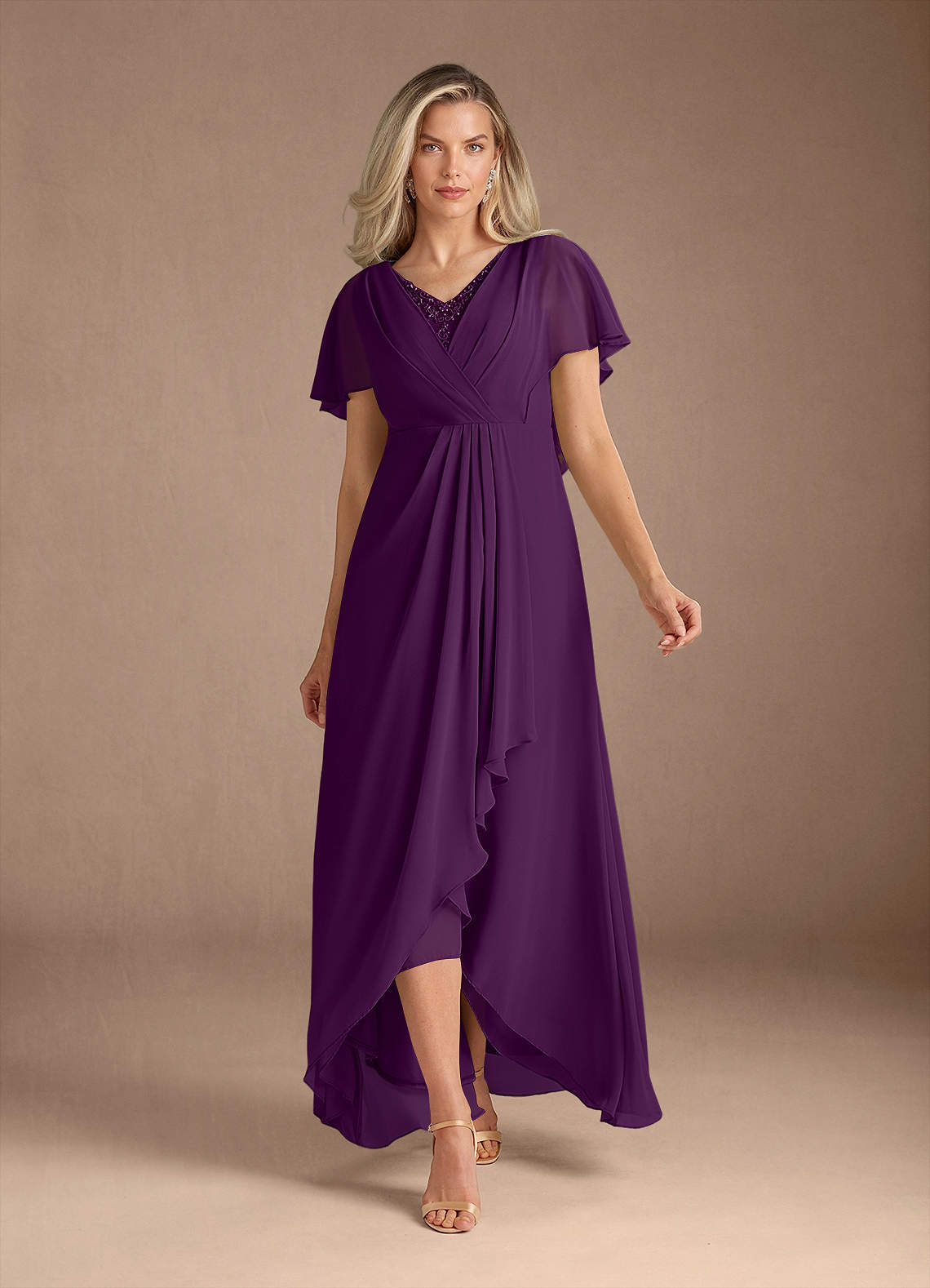 Azazie Eliza Grape A-Line V-Neck Pleated Chiffon Dress | Azazie AU