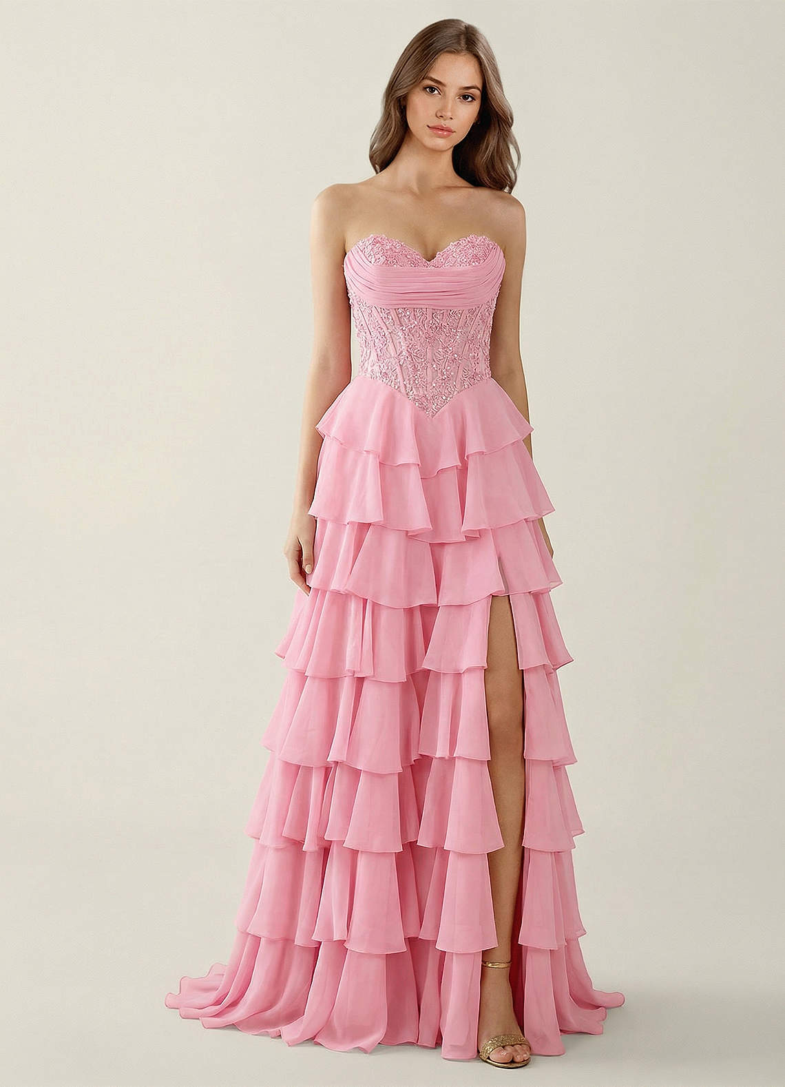 pink high low dresses formal Antheia Powder Ruffled A-line Prom Dress Ready to Ship chain detail heels