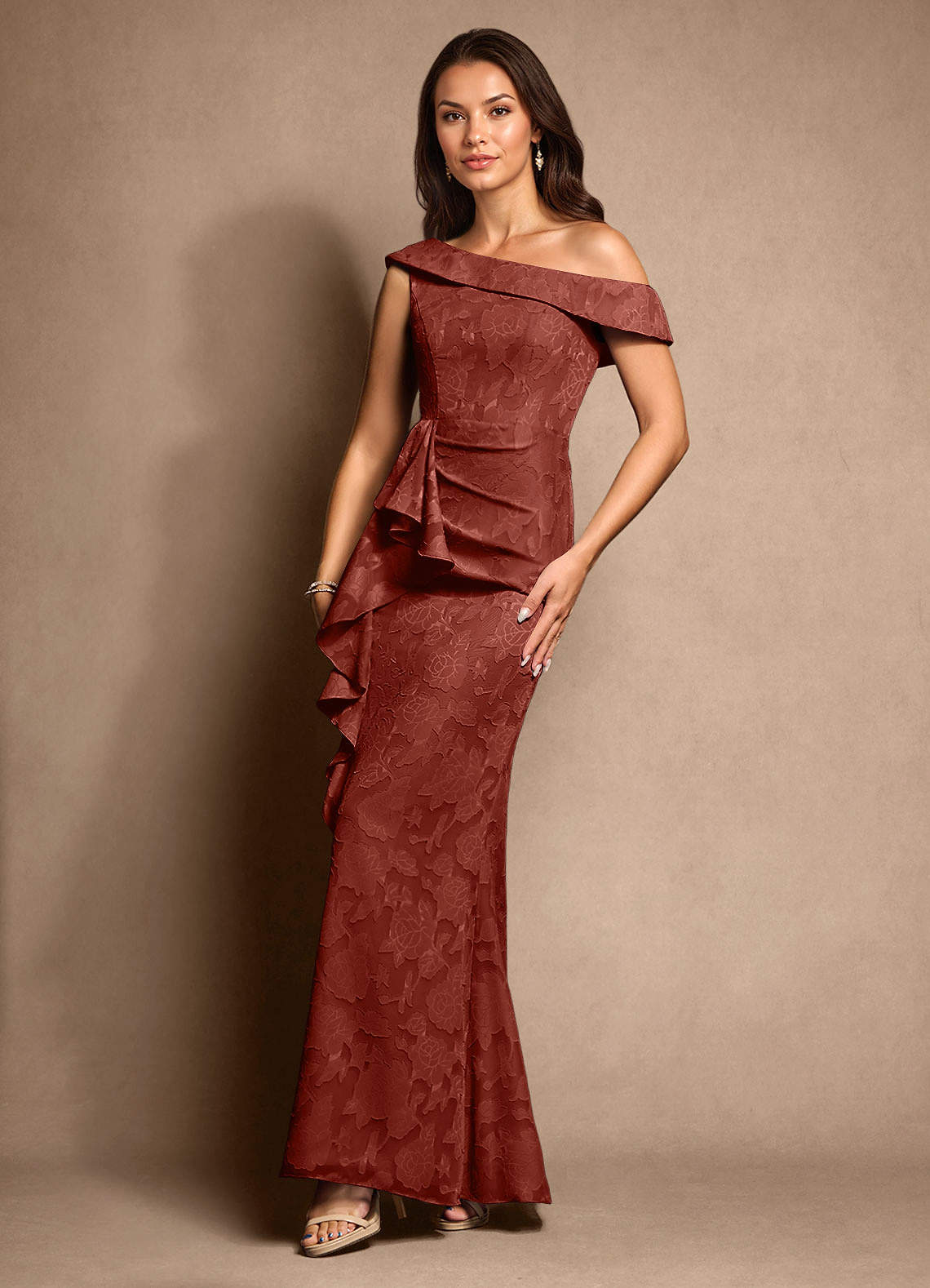 Azazie Hamptons vestidos de madre de la novia Vestido de Terracota de Devorado Floral de Corte En A con Plisado image4