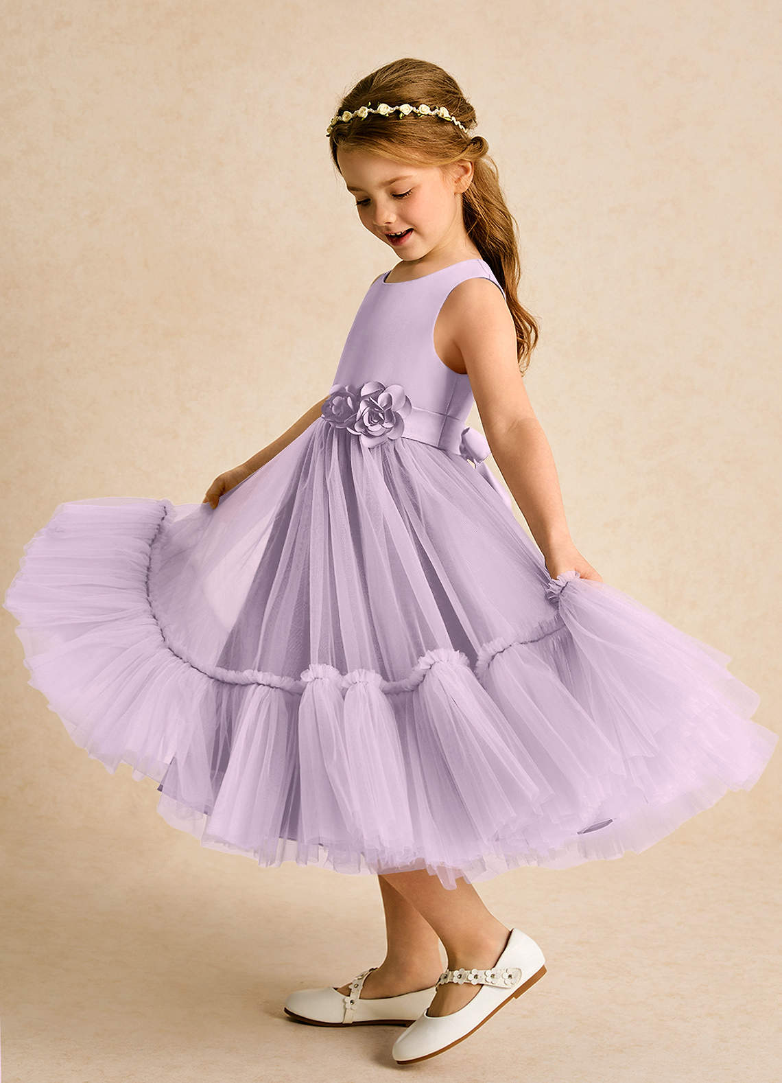 Azazie Miracle Flower Girl Dresses Frosted Lilac A-Line Bow Matte Satin Dress image1
