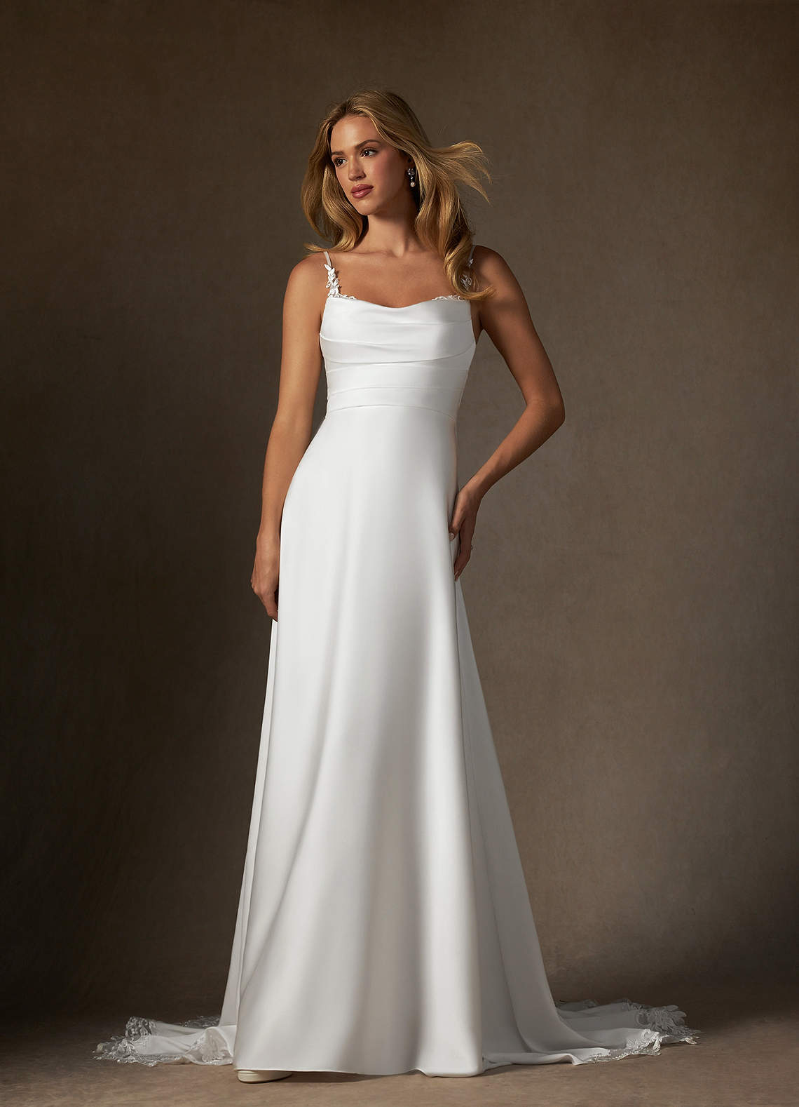 Azazie Sable Wedding Dresses Diamond White A-Line Lace Stretch Satin Dress image1