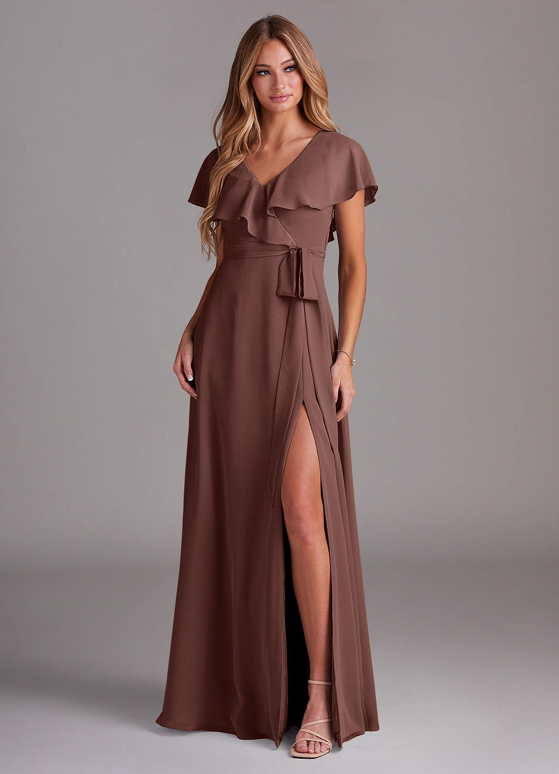Azazie Lainey Bridesmaid Dresses Espresso A-Line with Pockets Chiffon Dress image2