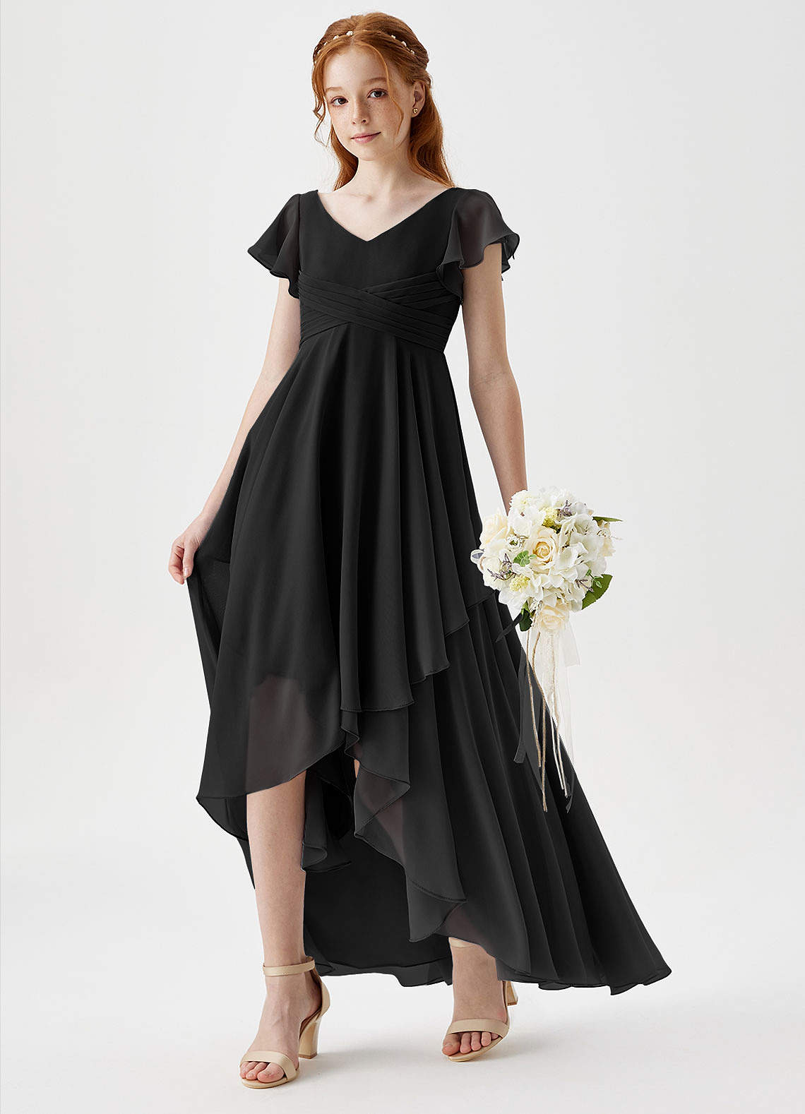 Azazie Caria Junior Black A-Line Pleated Chiffon Dress image1