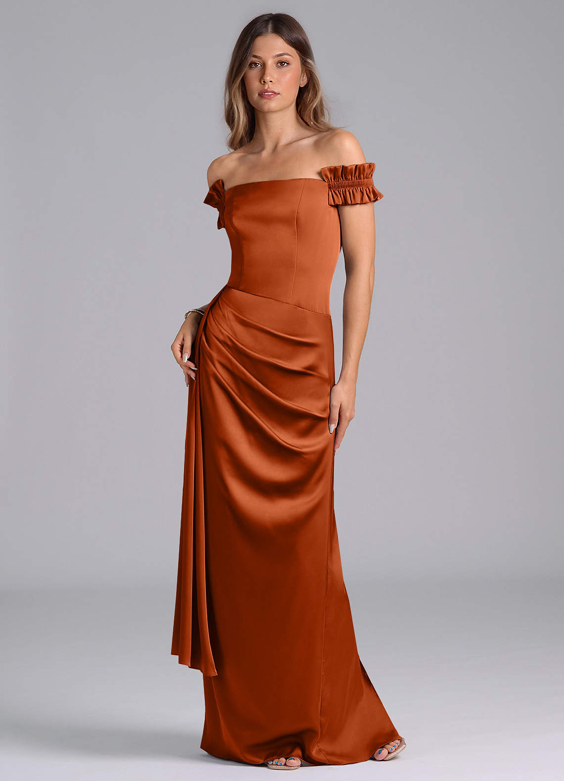 Azazie Kalysia Bridesmaid Dresses Burnt Orange Mermaid Off the Shoulder Stretch Satin Convertible Dress image1