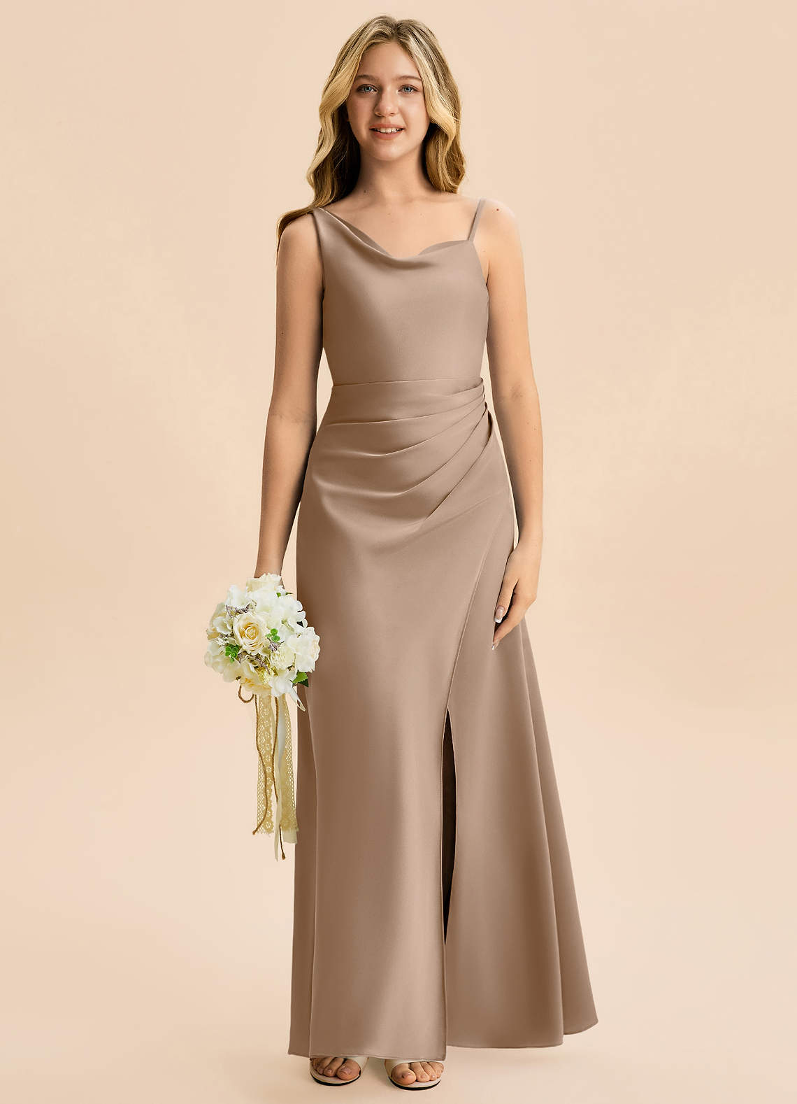 taupe junior bridesmaid dress Azazie Sheath Cowl Neck Floor-Length Stretch Satin Dresses Satin