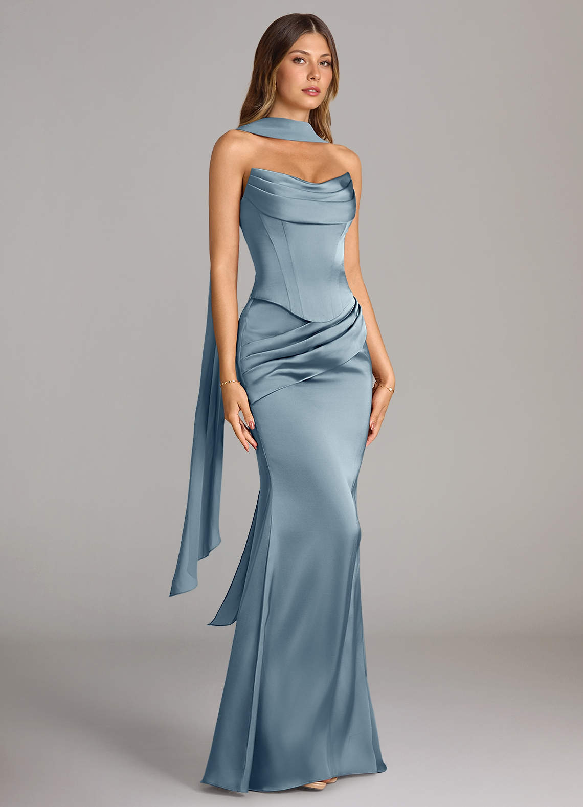Azazie Sorrel Vestidos de damas de honor Vestido de Azul Polvoriento de Satén Elástico de Corte Sirena Convertible con Sin tirantes image2
