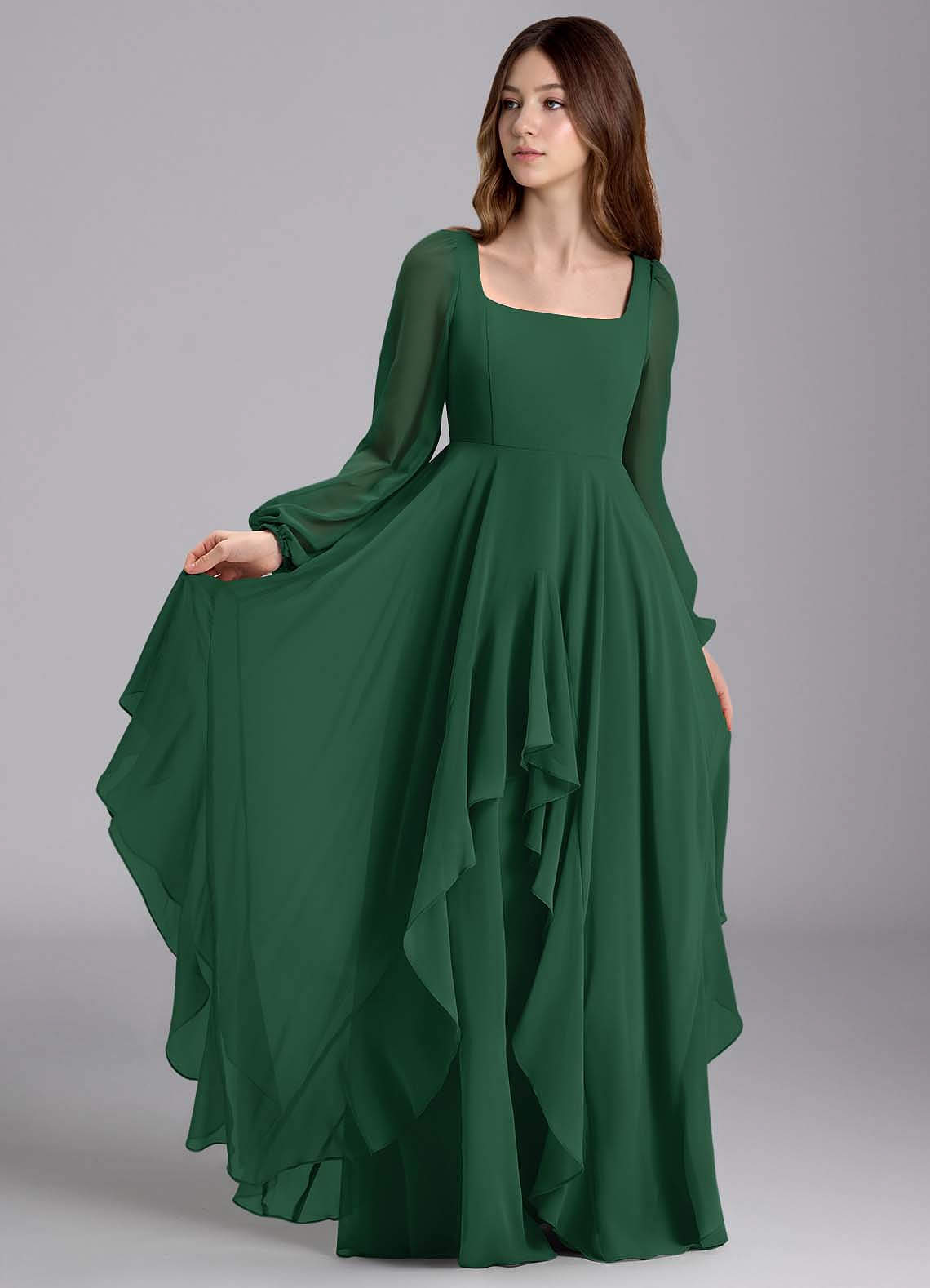 Azazie Clara Junior Robe Trapèze en Mousseline de soie Blouson Vert Foncé image1