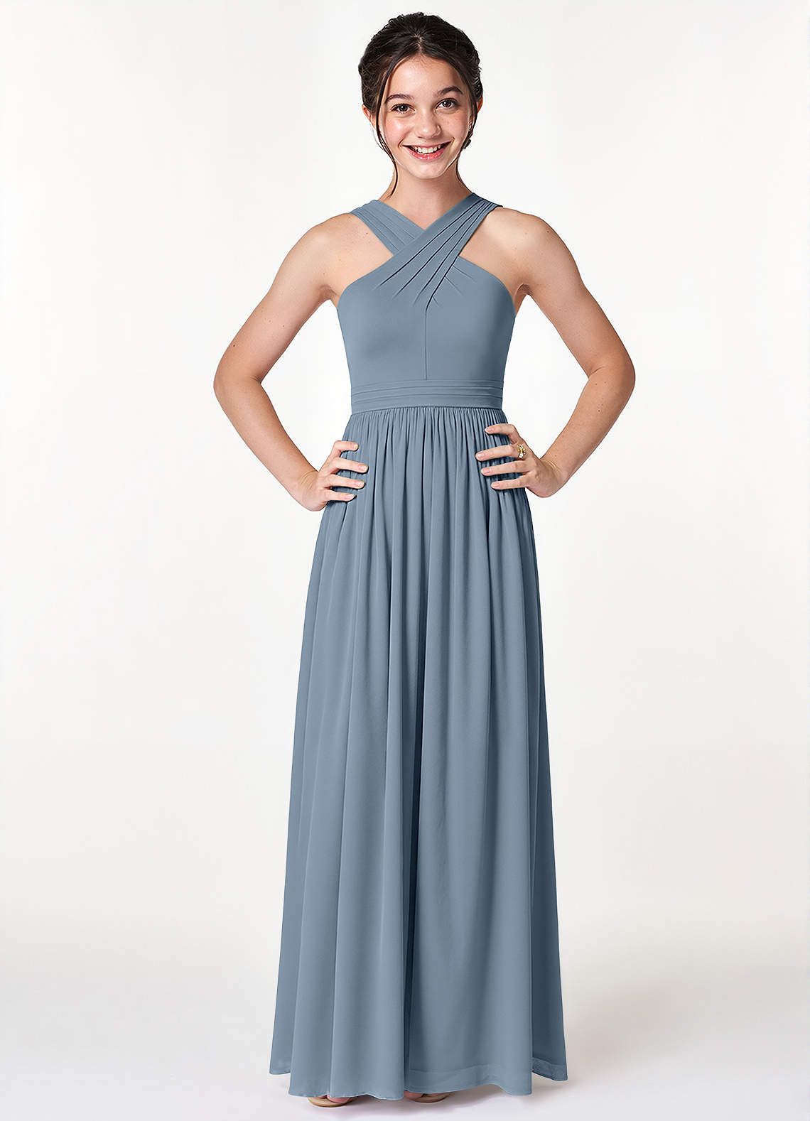 Azazie Jiya Junior Vestido de Azul Polvoriento de Malla de Corte en A con Plisado image3