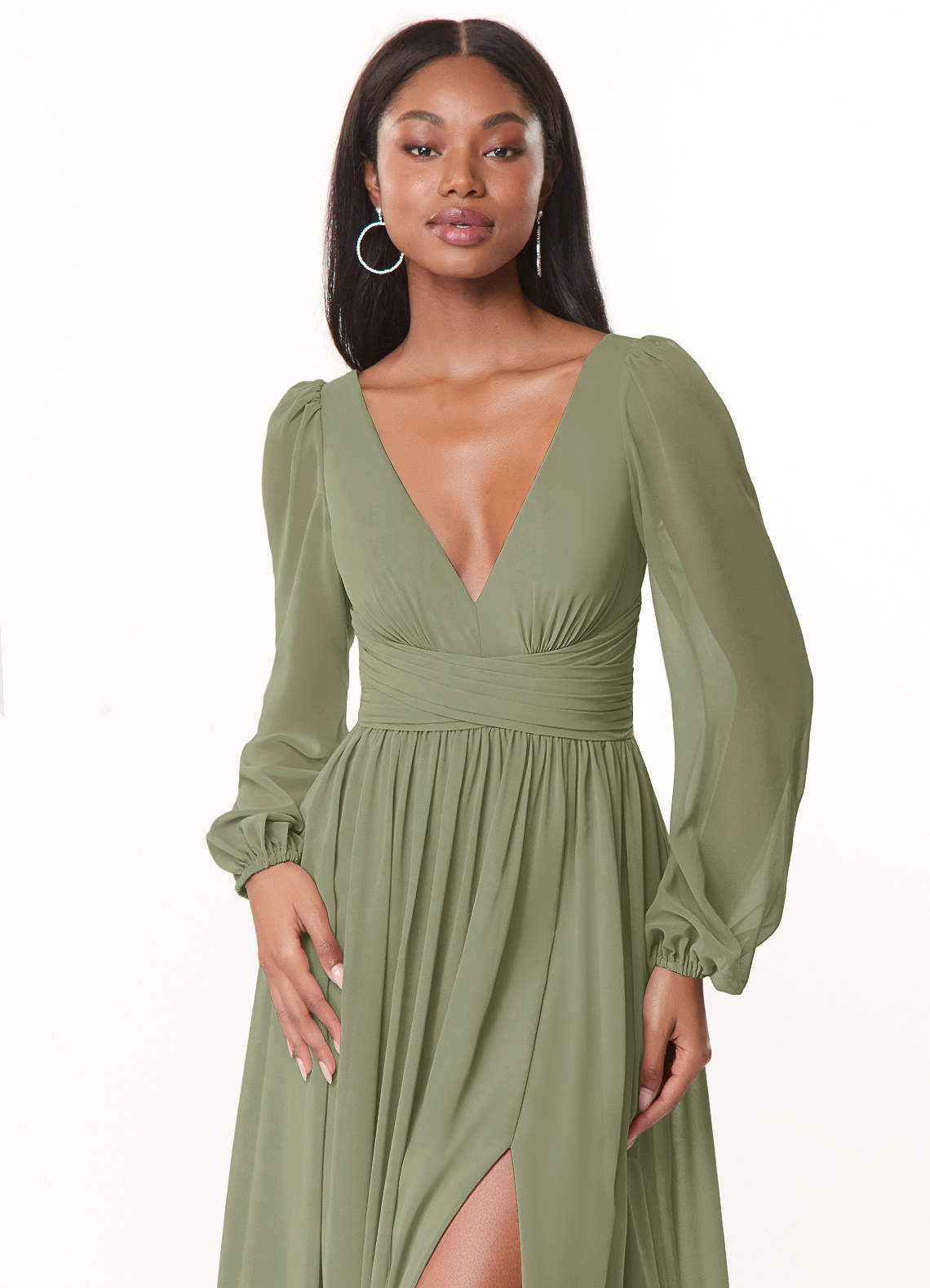 Azazie Norah Vestidos de madrinha de casamento Vestido Pistache de Chiffon de Linha A com Manga comprida image4