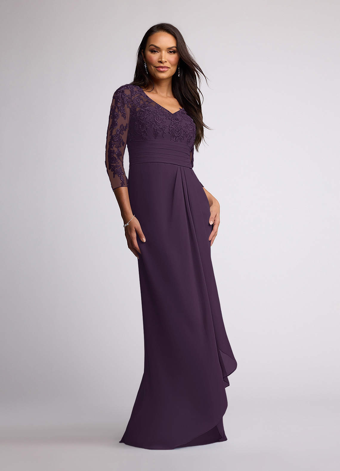 Azazie Joan Plum Sheath V-Neck Lace Chiffon Dress Ready to Ship | Azazie Azazie Joan Plum Sheath V-Neck Lace Chiffon Dress Ready to Ship | Azazie