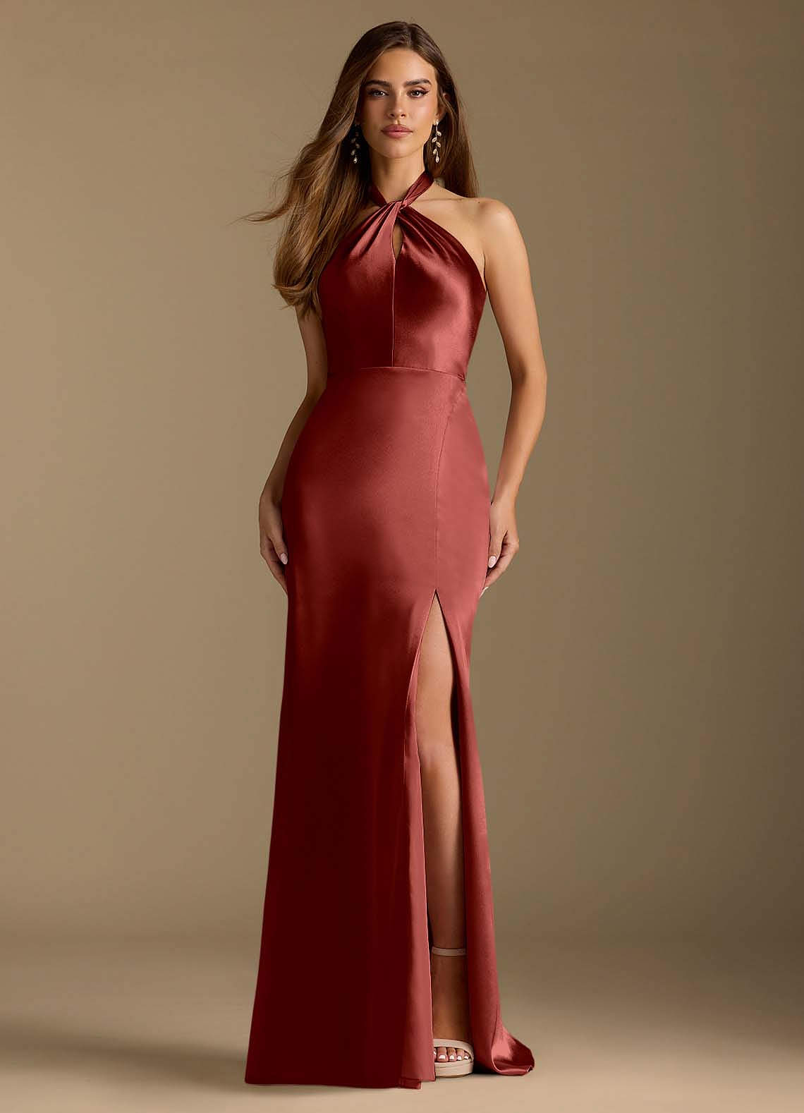Azazie Tracie Bridesmaid Dresses Terracotta A-Line Pleated Metallic Satin Dress image1