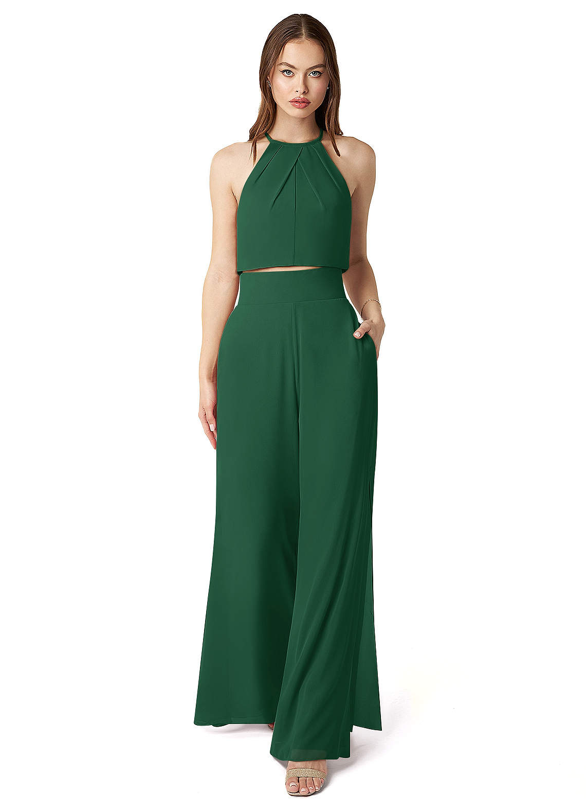 Azazie Kenzi Bridesmaid Dresses Dark Green Pleated Chiffon Jumpsuit image1