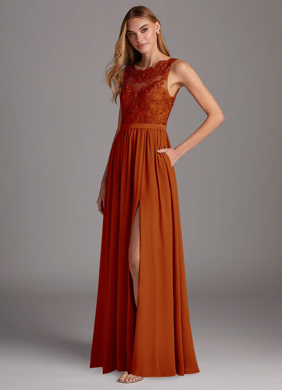 Azazie Elly Bridesmaid Dresses Paprika A-Line Lace Scoop Neck Chiffon Dress image1