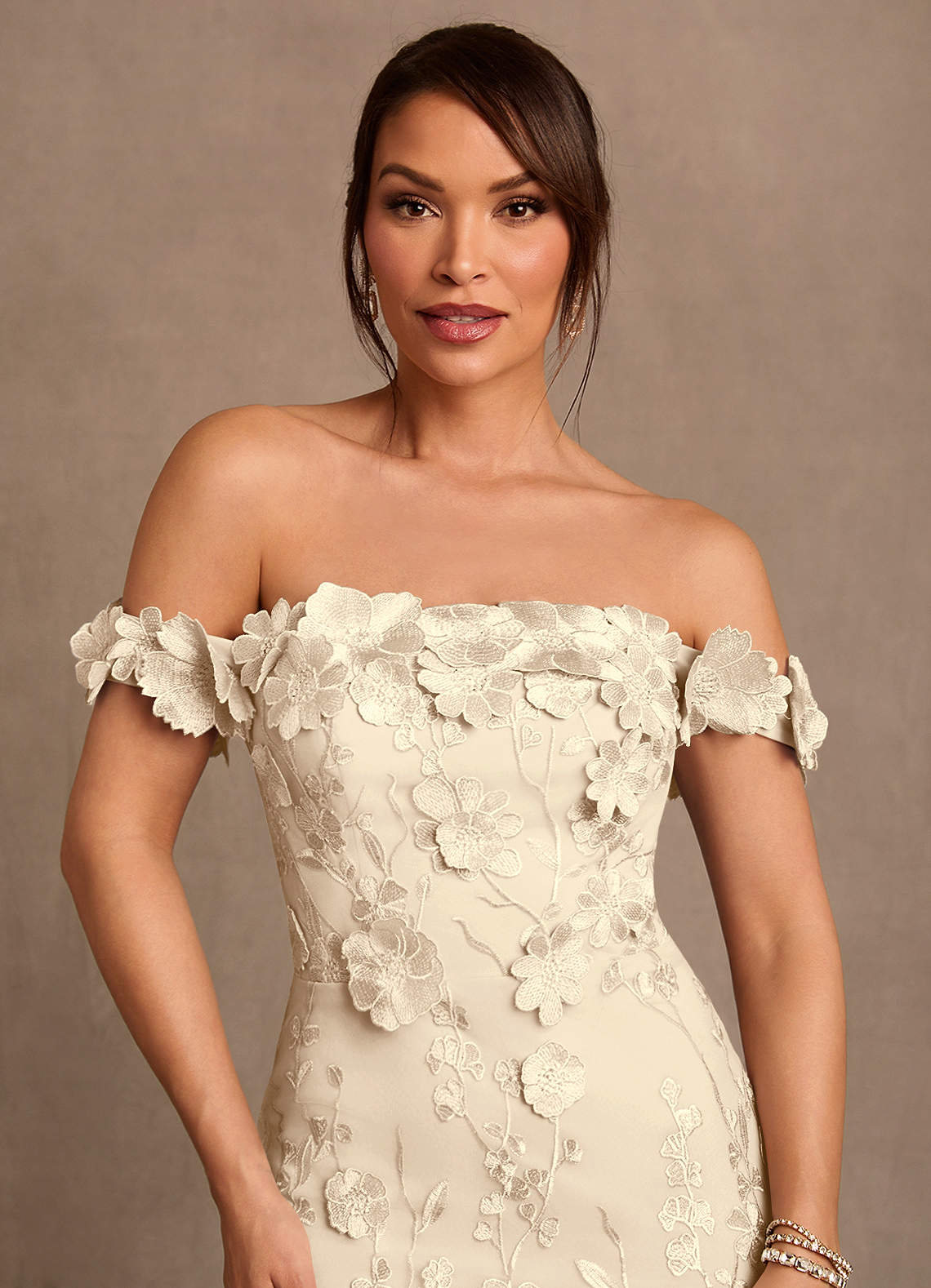 Azazie Lotta Mother of the Bride Dresses Champagne Mermaid Off the Shoulder Lace Dress image4