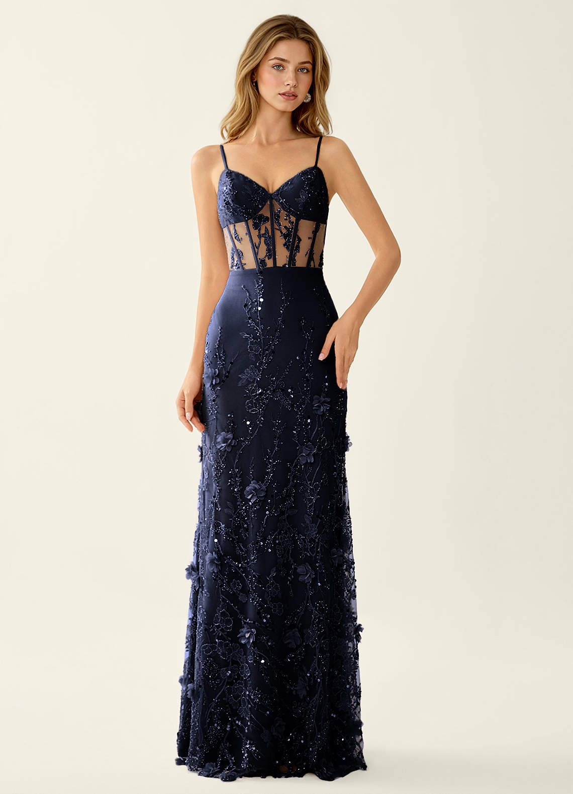 navy blue embroidered prom dress Navy Blue Straps Plunging V Floral Beaded Long Prom Dress